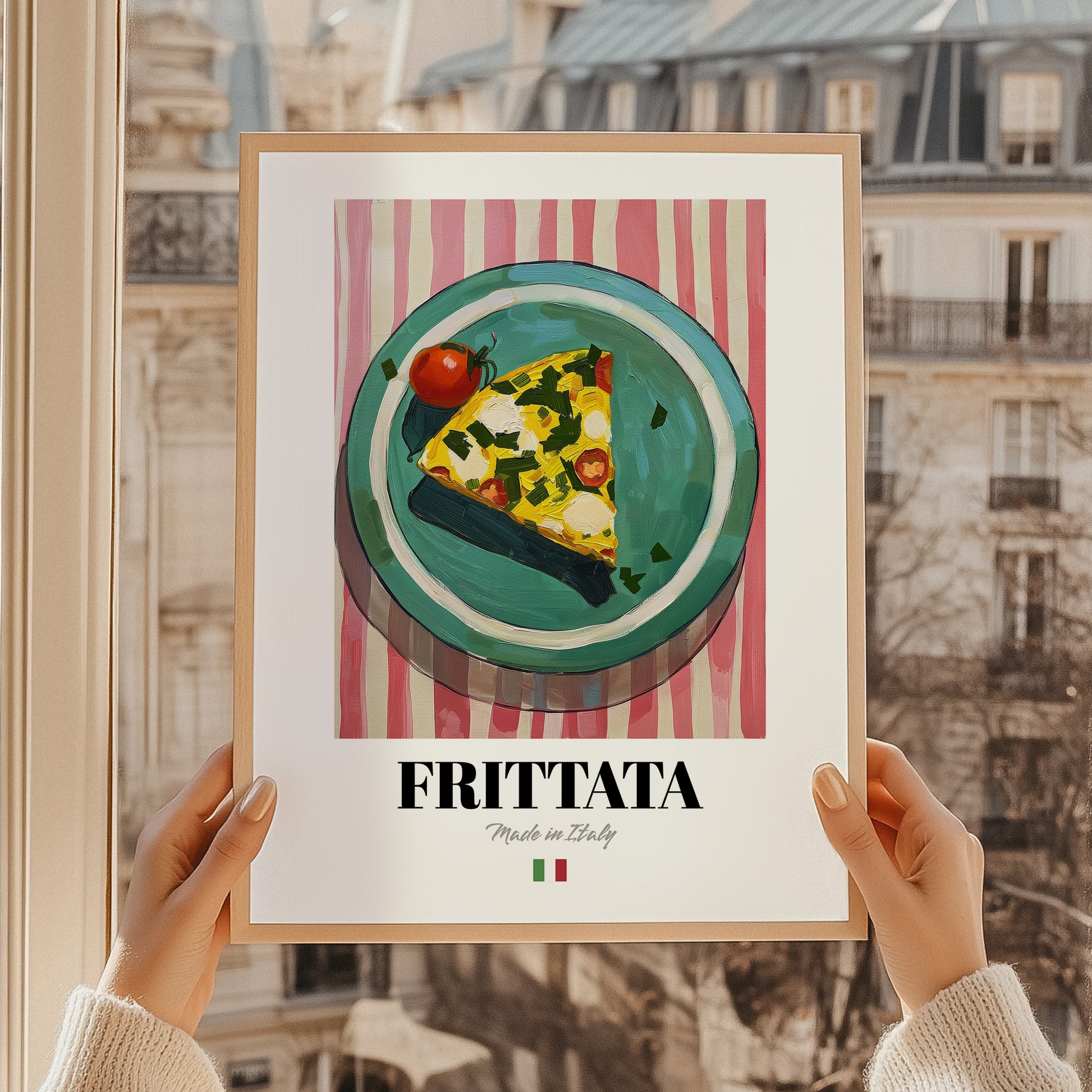 Frittata – Italian Snack Dish, Restaurant Poster, styled in a charming Paris street view