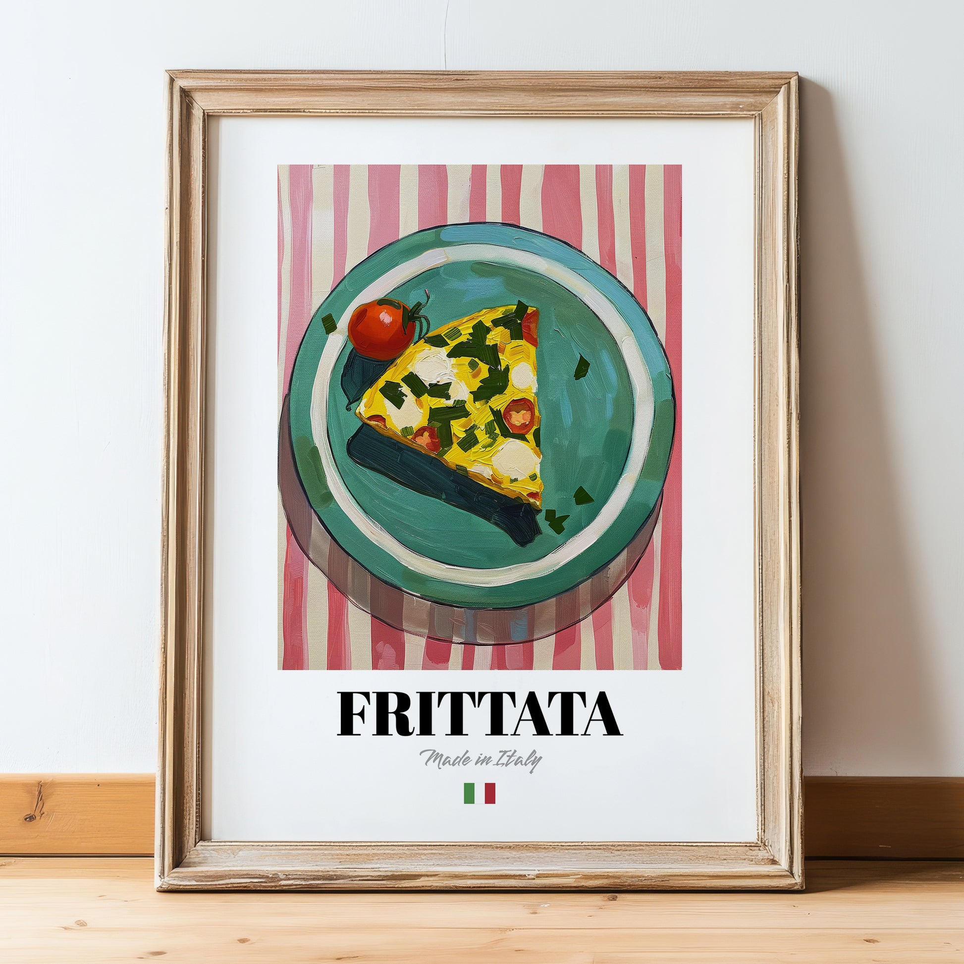 Frittata – Italian Snack Dish, Restaurant Poster, in wooden frame leaning on the floor