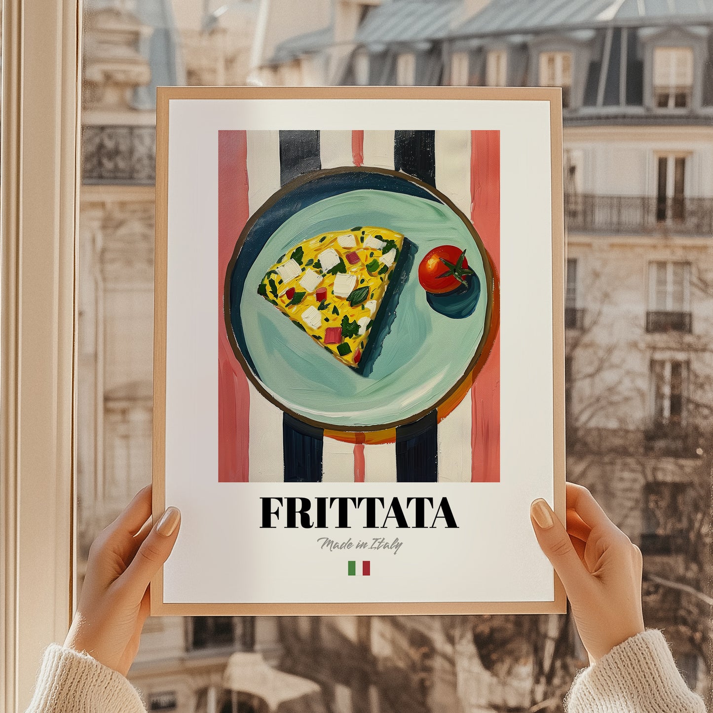 Frittata – Italian Snack Dish, Restaurant Poster, styled in a charming Paris street view