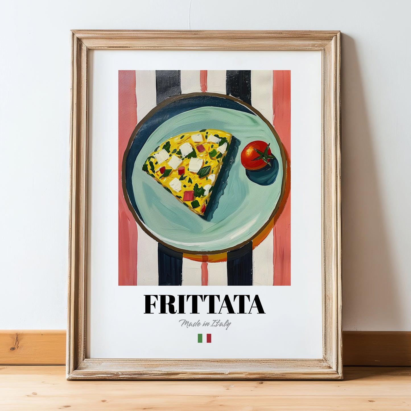 Frittata – Italian Snack Dish, Restaurant Poster, in wooden frame leaning on the floor