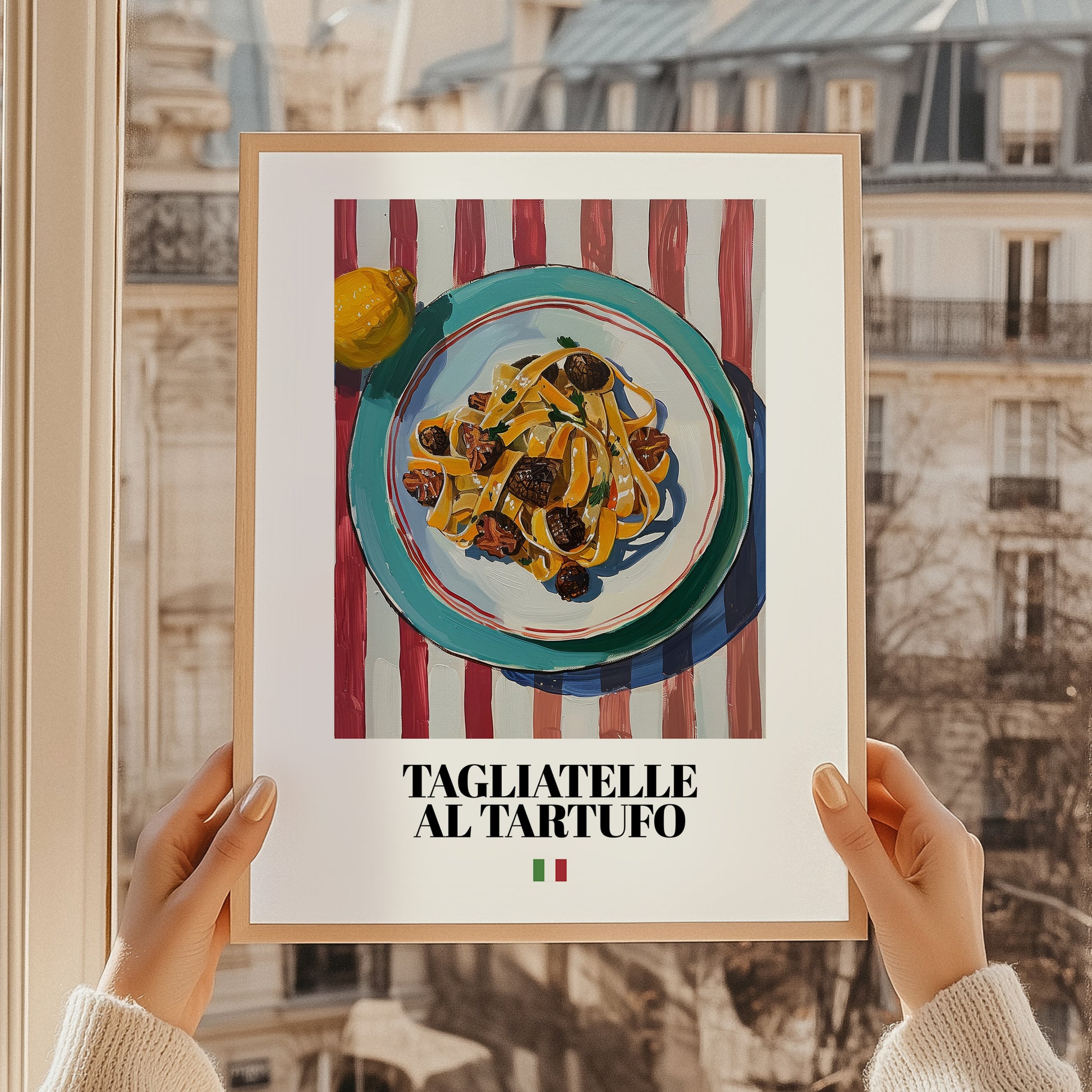 Tagliatelle al Tartufo – Italian Pasta, Osteria Wall Art, styled in a charming Paris street view