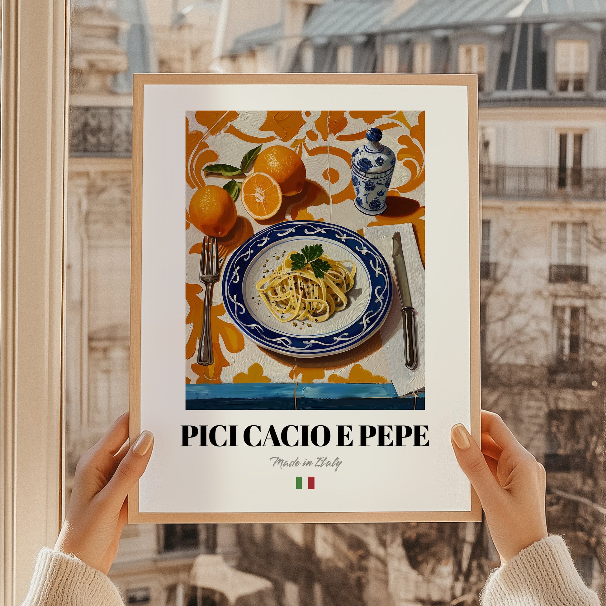 Pici Cacio e Pepe – Italian Pasta, Osteria Print, styled in a charming Paris street view