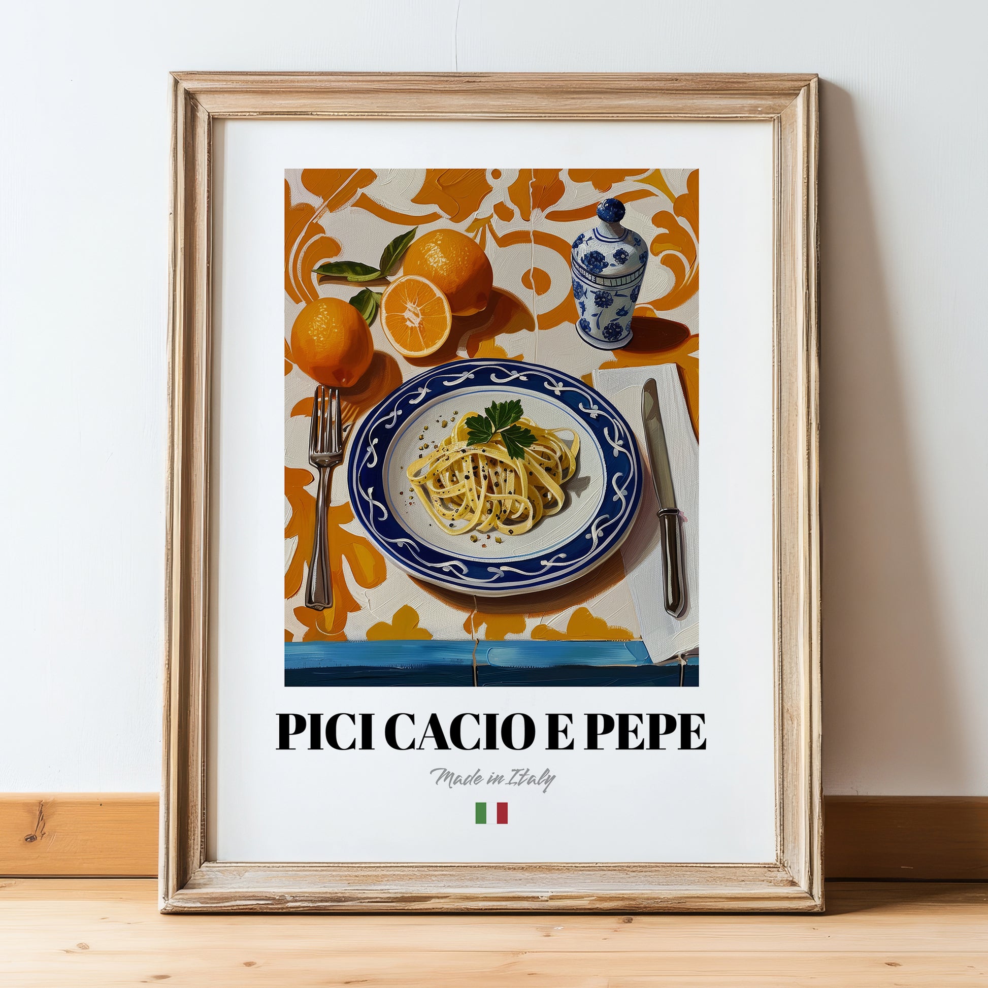 Pici Cacio e Pepe – Italian Pasta, Osteria Print, in wooden frame leaning on the floor