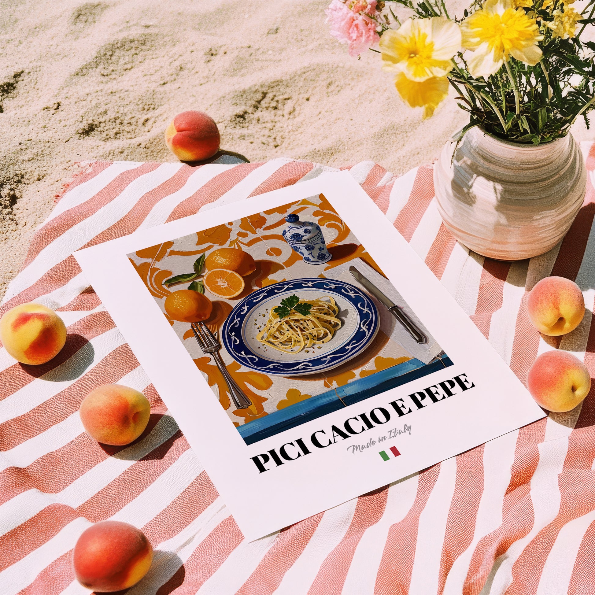 Pici Cacio e Pepe – Italian Pasta, Osteria Print, unframed on coastal sand