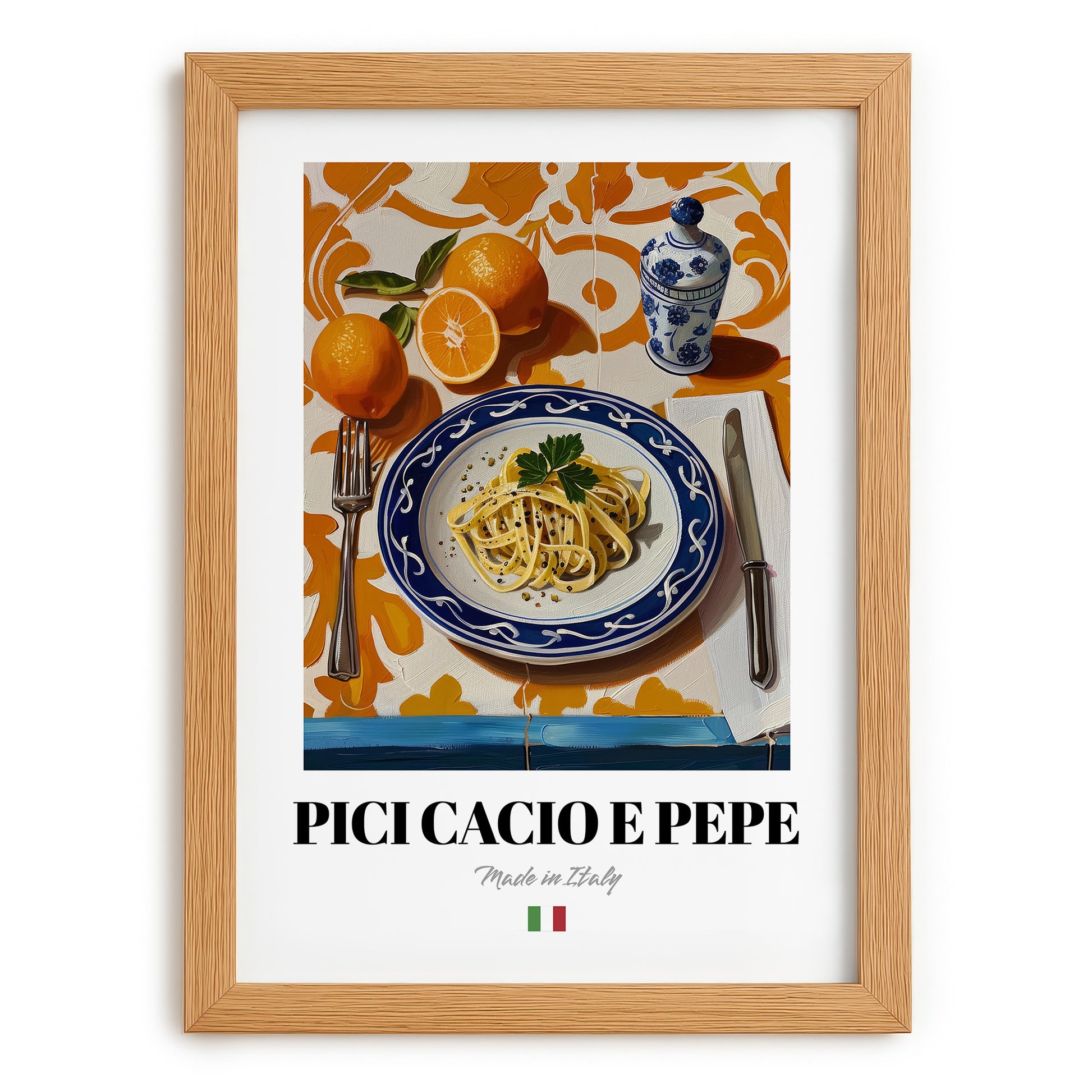 Pici Cacio e Pepe – Italian Pasta, Osteria Print, set in oak frame