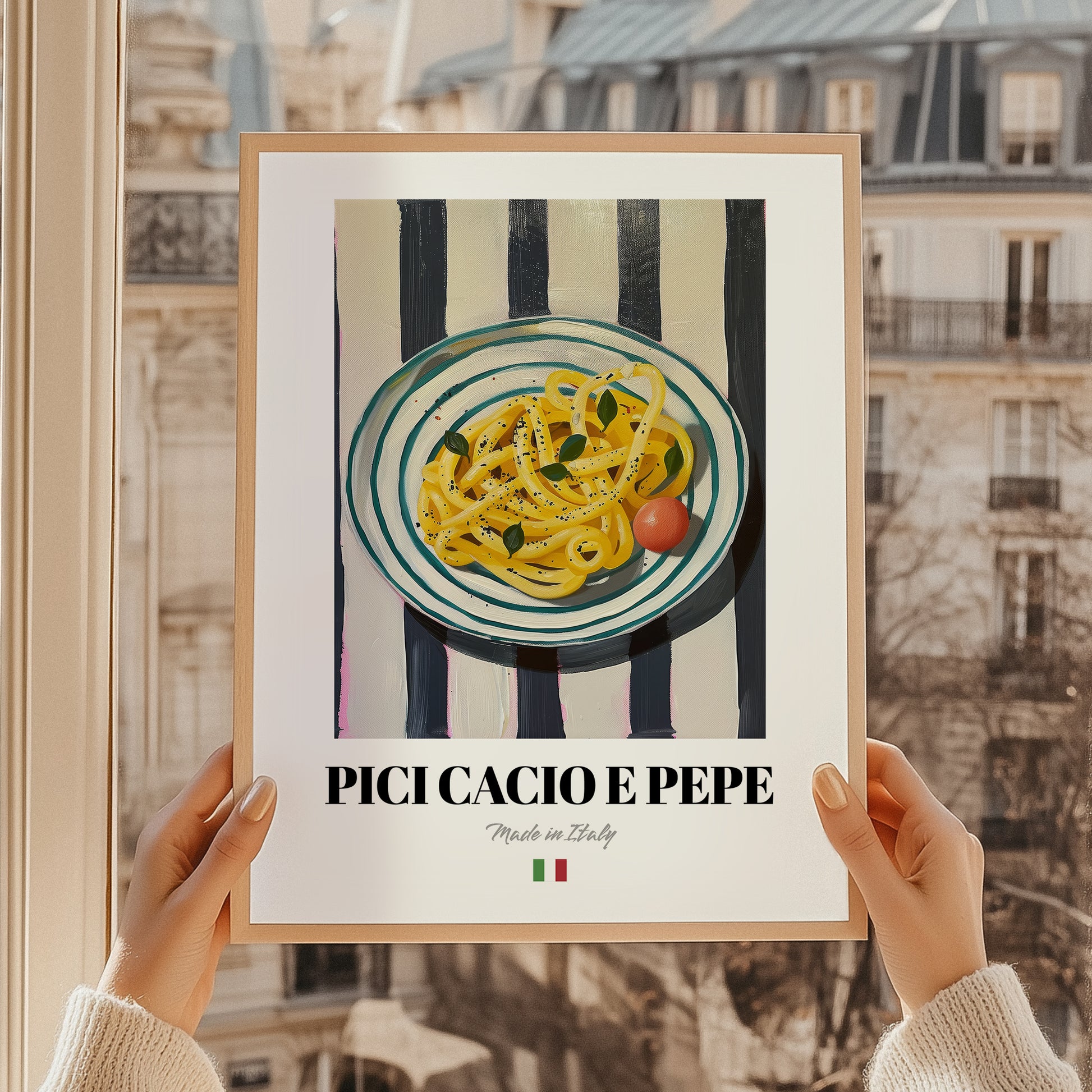 Pici Cacio e Pepe – Italian Pasta, Ristorante Wall Art, styled in a charming Paris street view