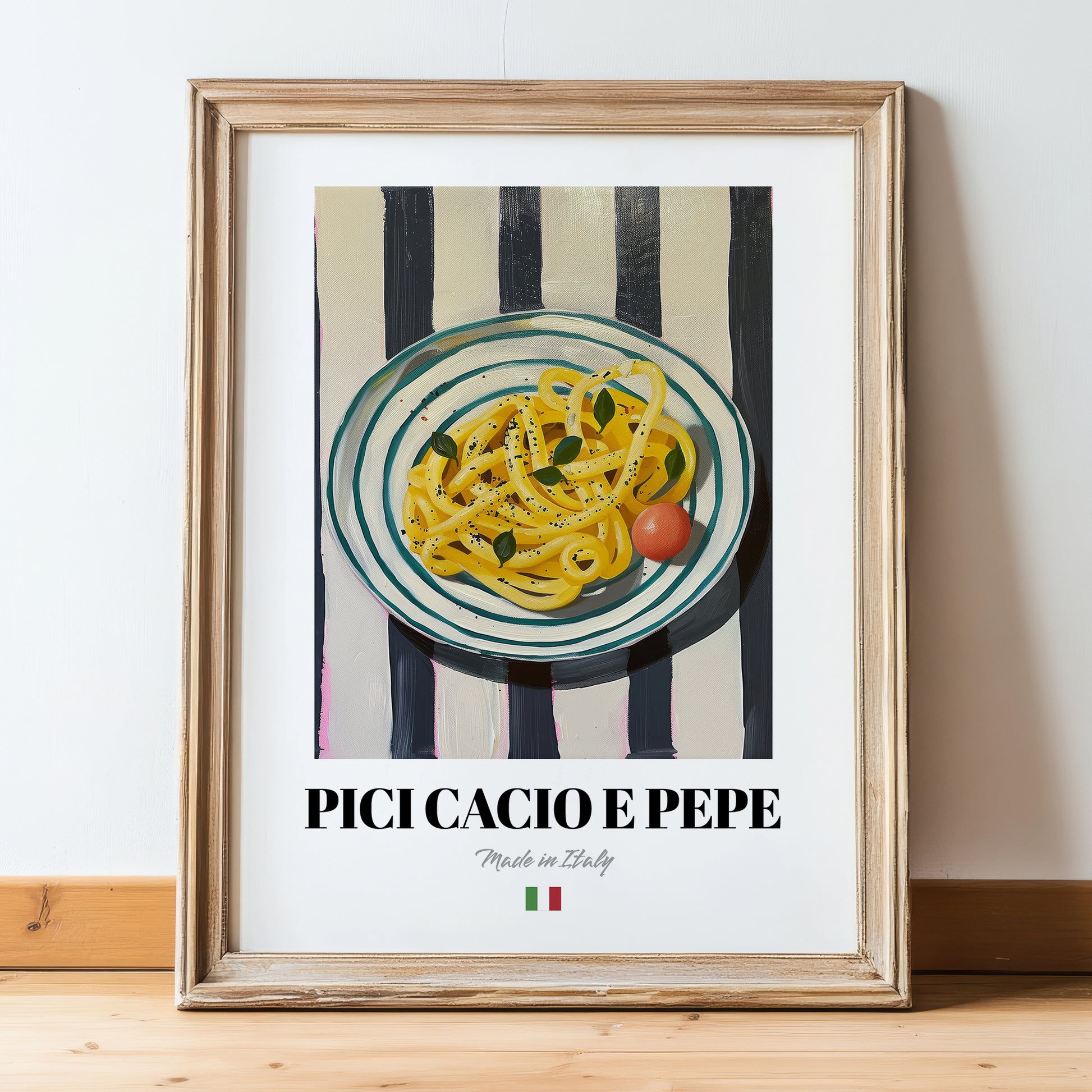Pici Cacio e Pepe – Italian Pasta, Ristorante Wall Art, in wooden frame leaning on the floor