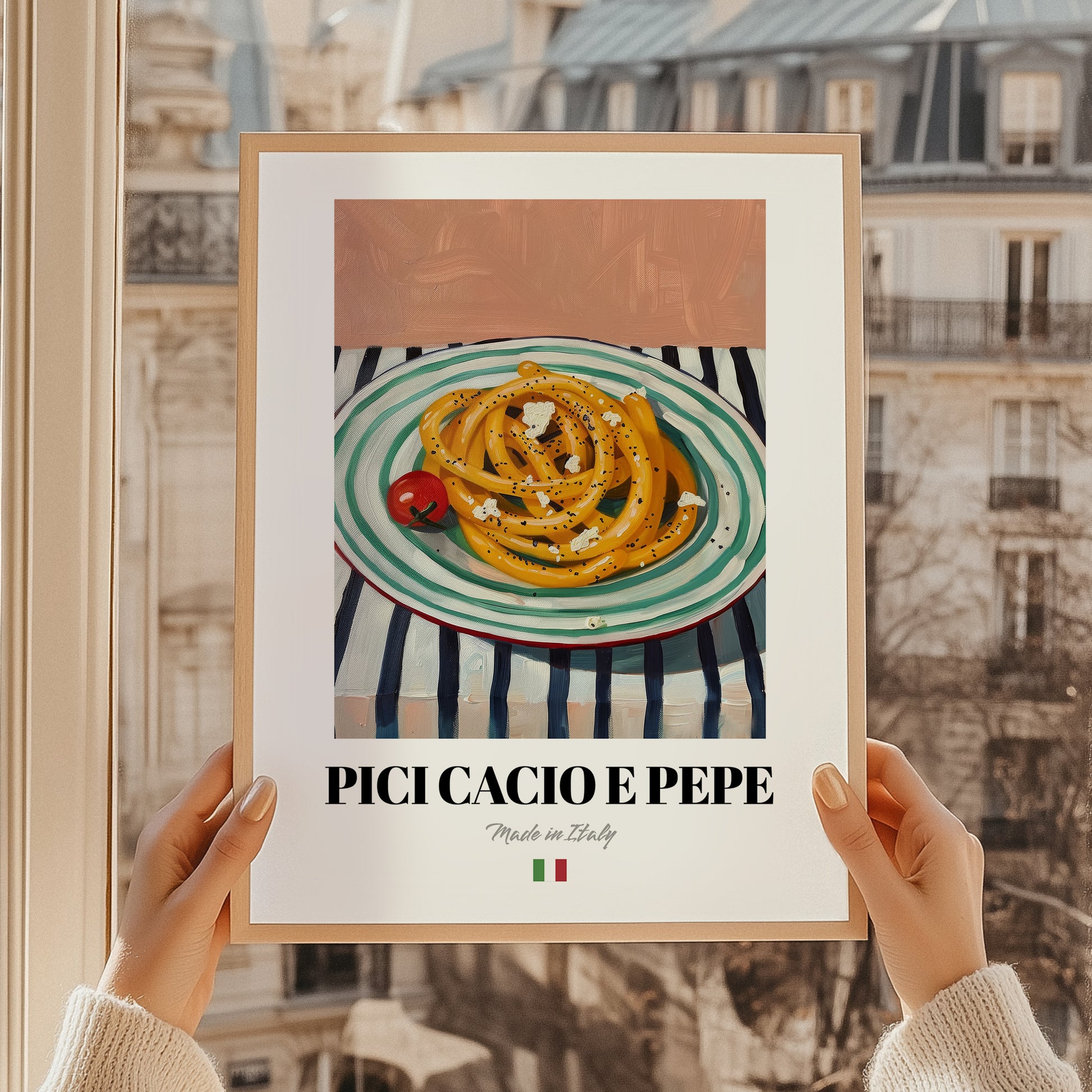 Pici Cacio e Pepe – Italian Pasta, Ristorante Poster, styled in a charming Paris street view