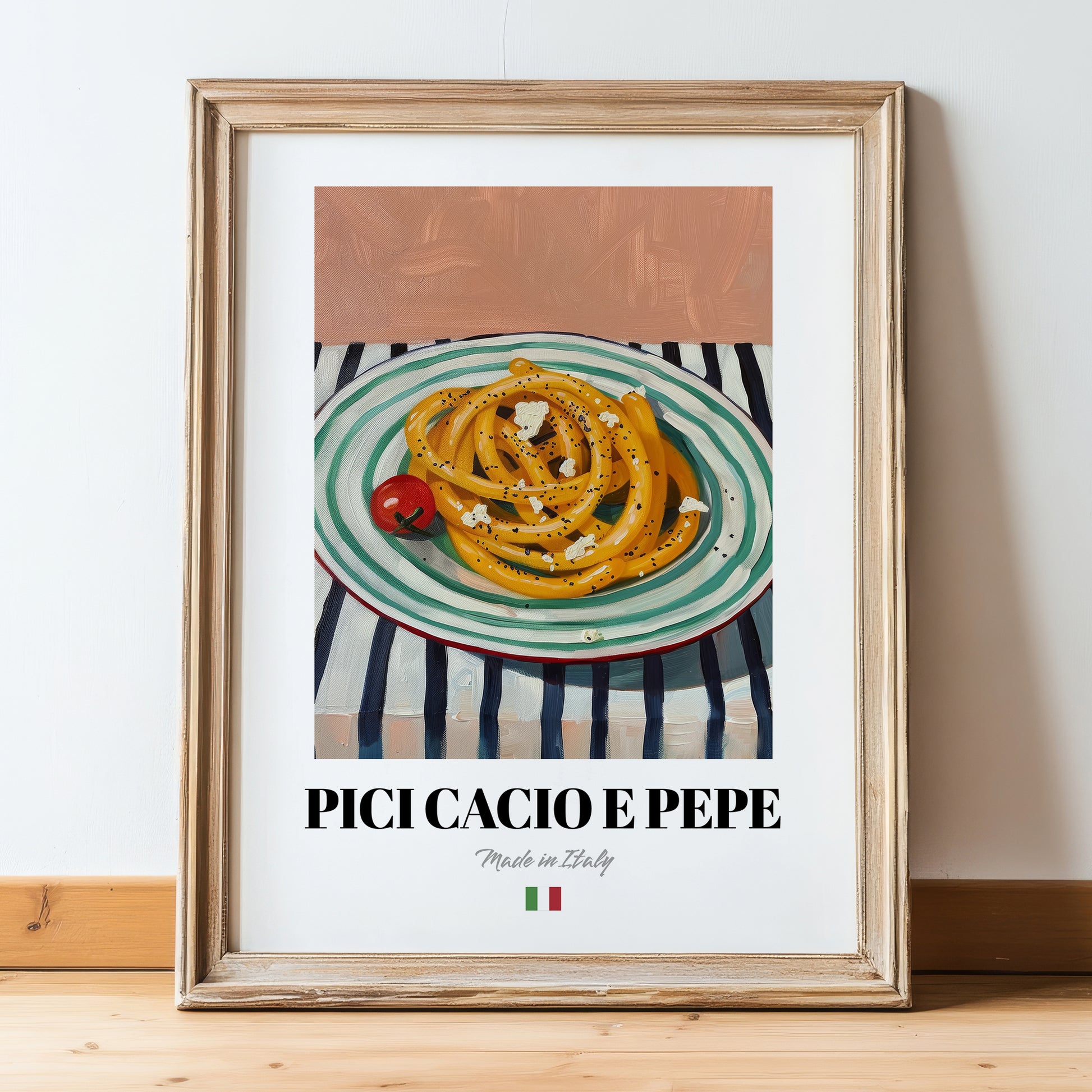 Pici Cacio e Pepe – Italian Pasta, Ristorante Poster, in wooden frame leaning on the floor