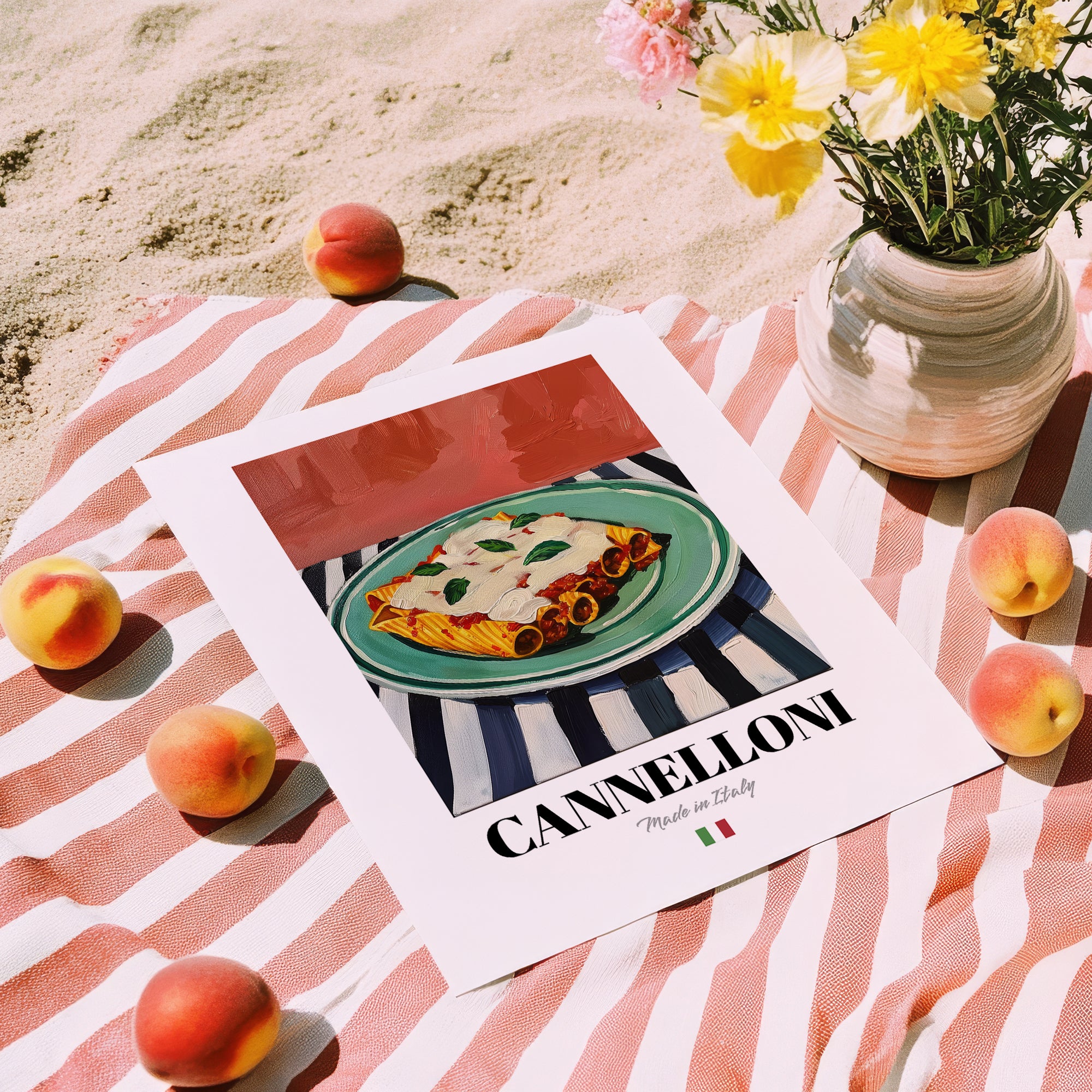 Cannelloni – Italian Pasta, Ristorante Illustration, unframed on coastal sand