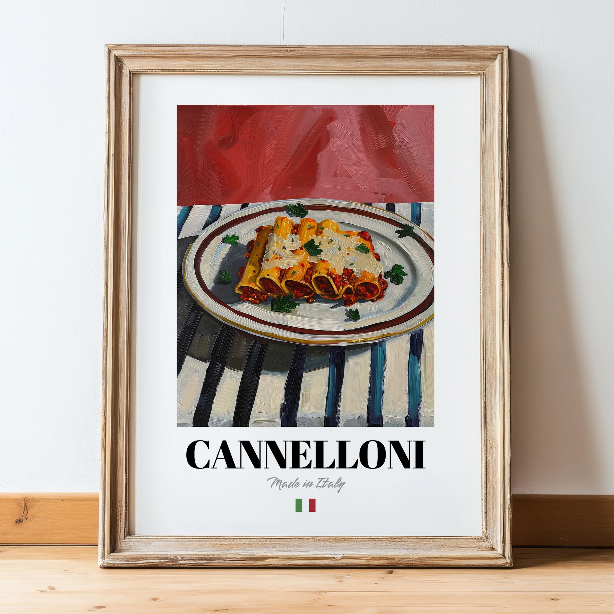 Cannelloni – Italian Pasta, Trattoria Poster, in wooden frame leaning on the floor