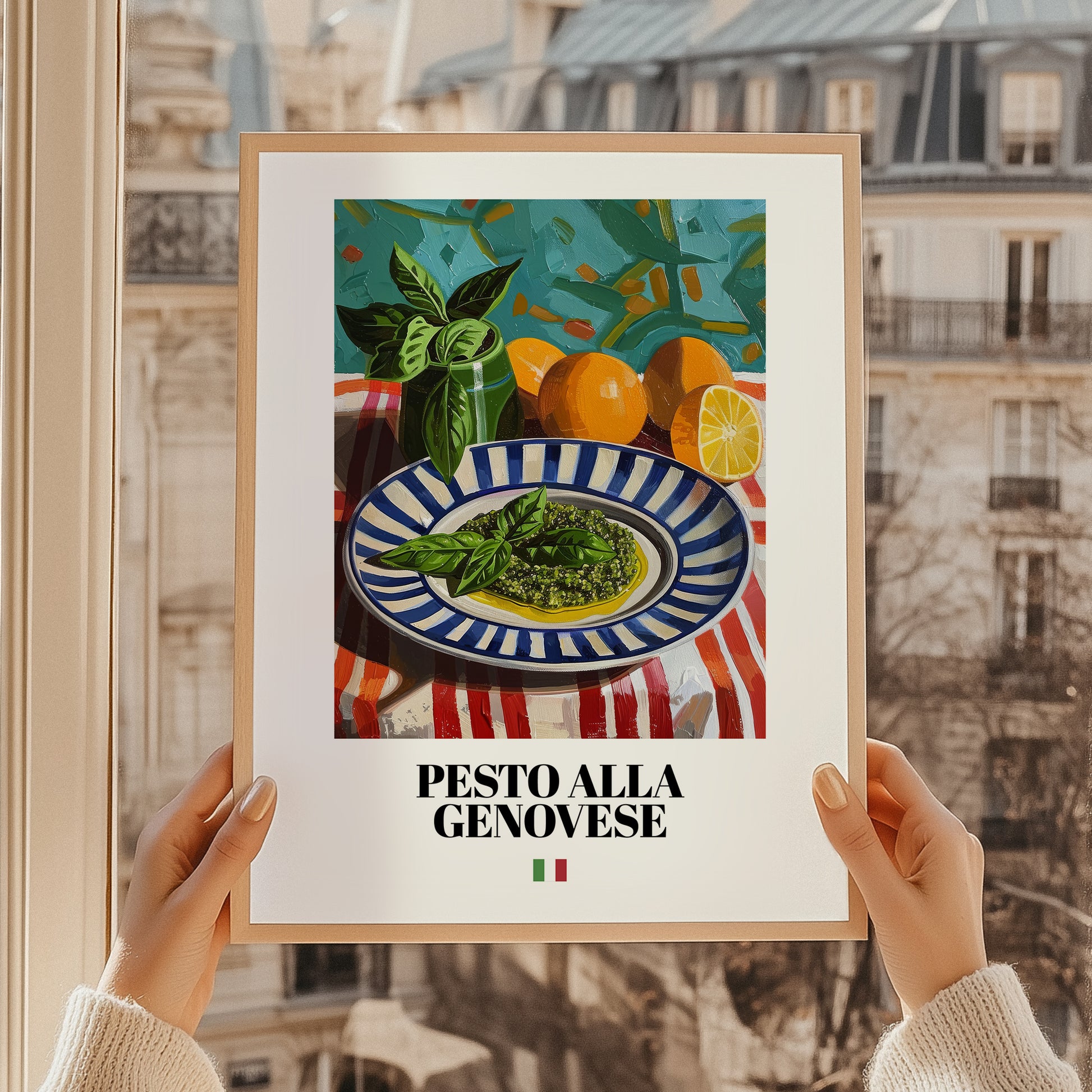 Pesto alla Genovese – Italian Pasta, Osteria Wall Decor, styled in a charming Paris street view