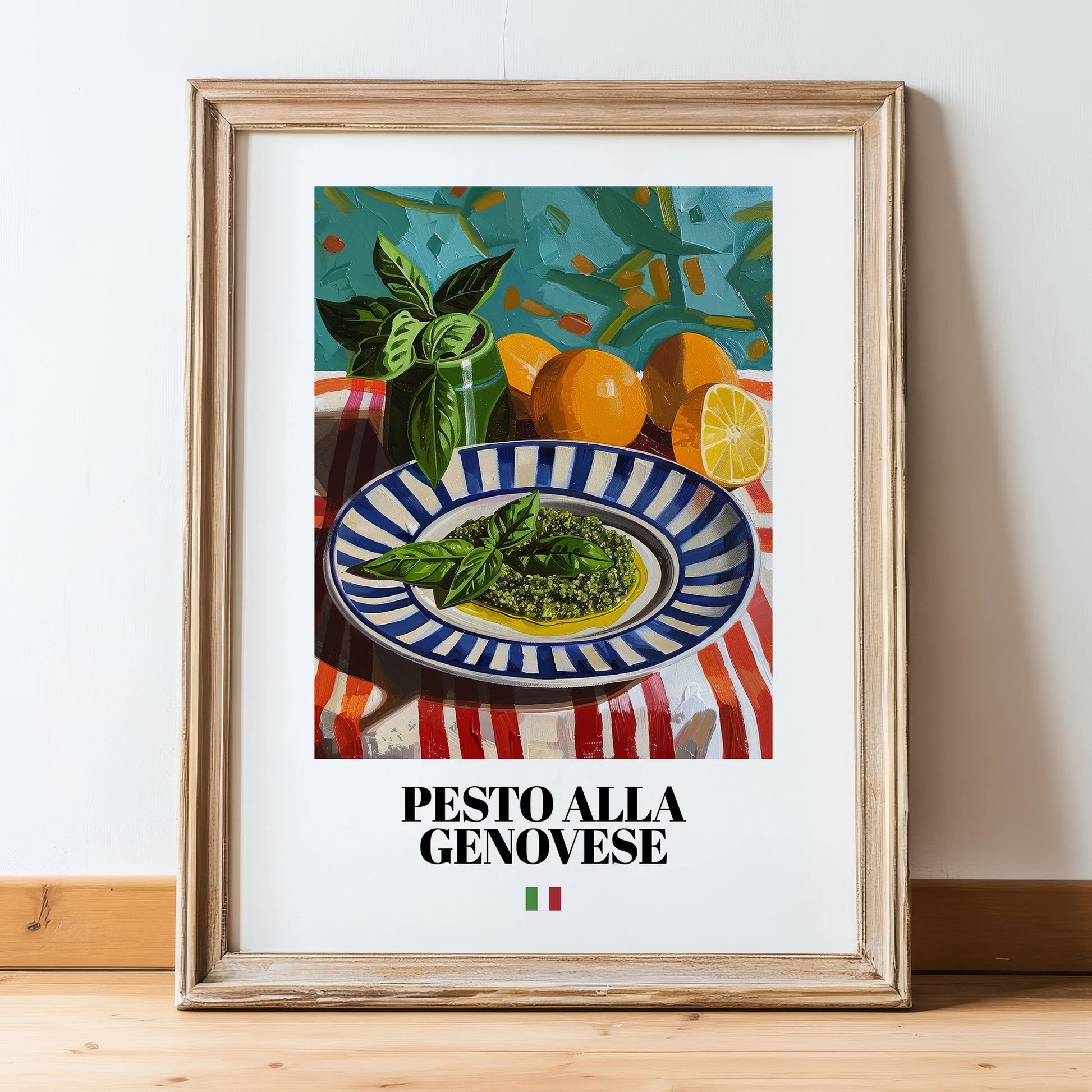 Pesto alla Genovese – Italian Pasta, Osteria Wall Decor, in wooden frame leaning on the floor