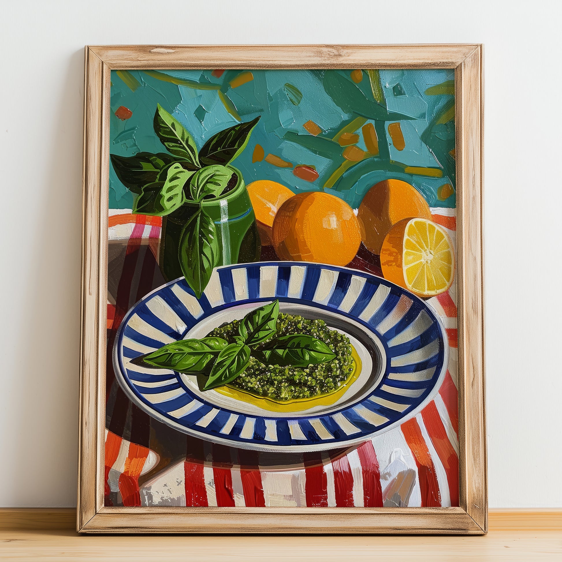 Pesto alla Genovese – Italian Pasta, Osteria Wall Decor, no-text version framed in wood