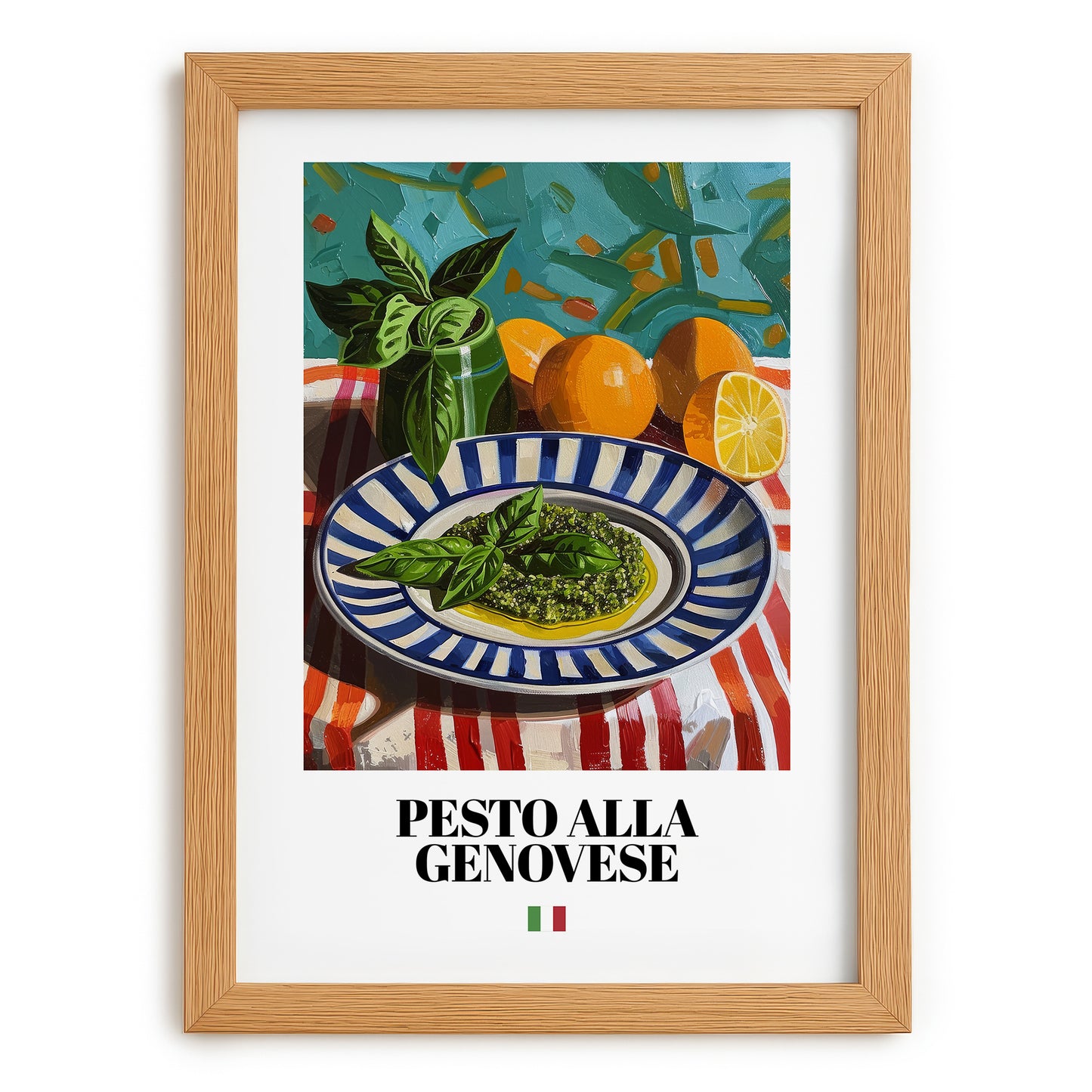 Pesto alla Genovese – Italian Pasta, Osteria Wall Decor, set in oak frame