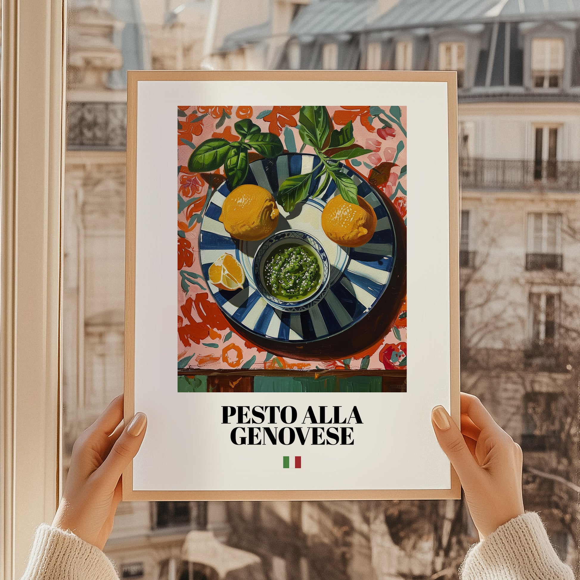 Pesto alla Genovese – Italian Pasta, Ristorante Illustration, styled in a charming Paris street view