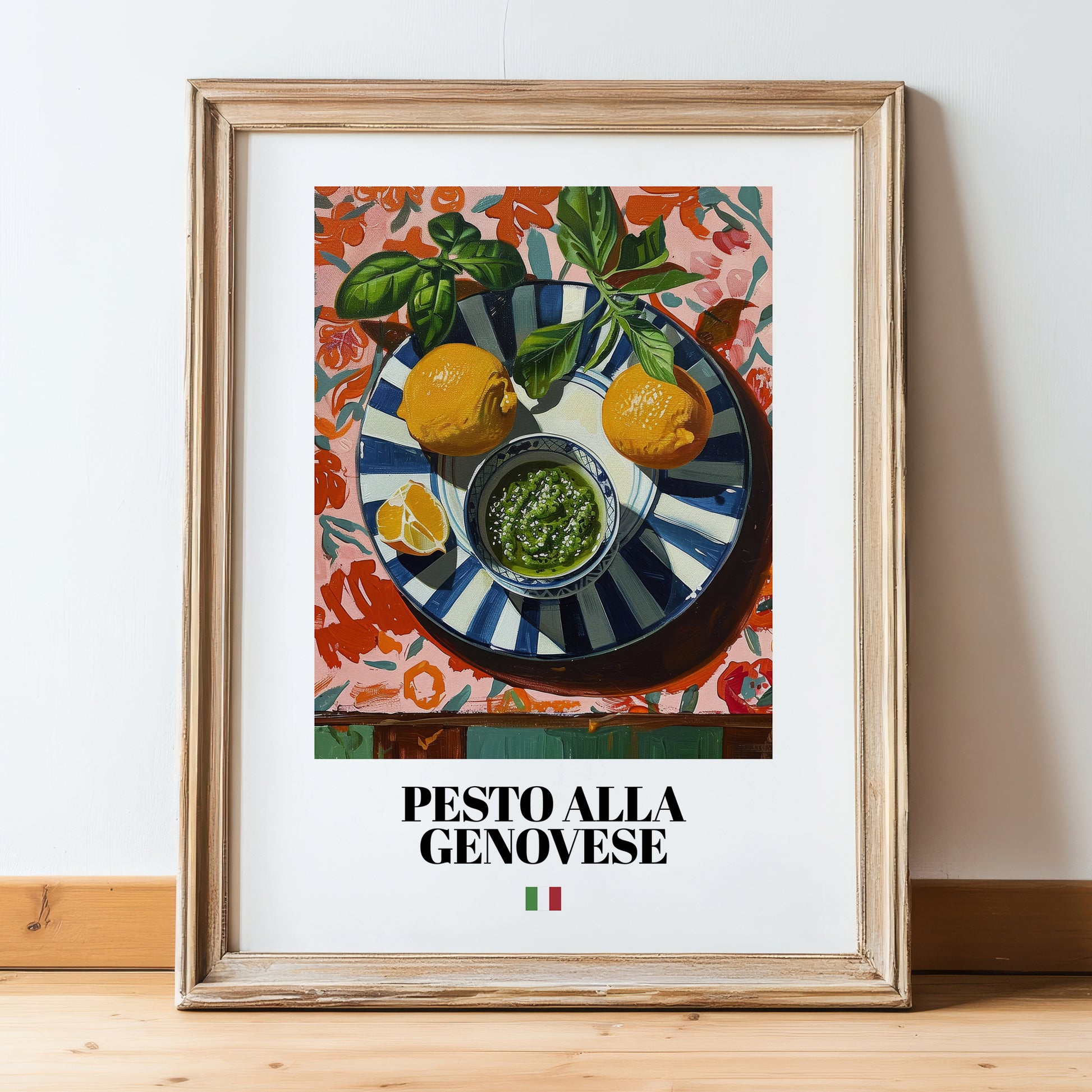 Pesto alla Genovese – Italian Pasta, Ristorante Illustration, in wooden frame leaning on the floor