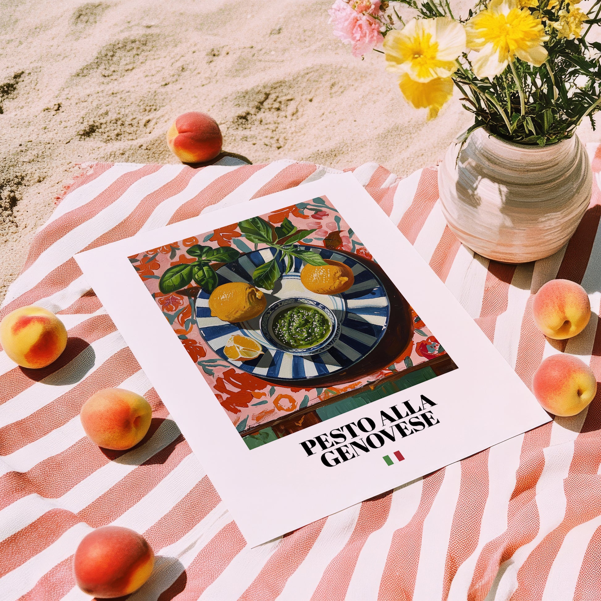 Pesto alla Genovese – Italian Pasta, Ristorante Illustration, unframed on coastal sand