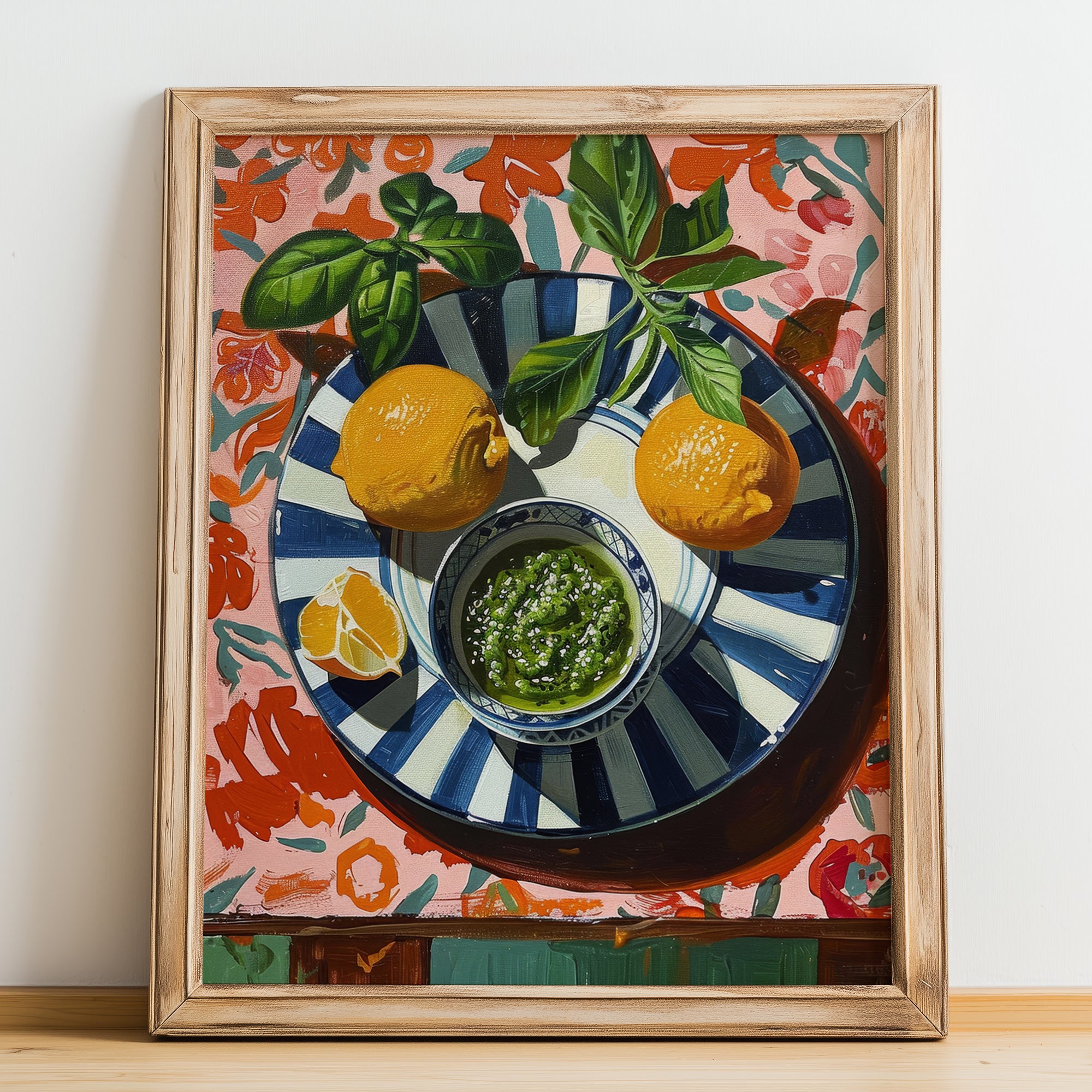 Pesto alla Genovese – Italian Pasta, Ristorante Illustration, no-text version framed in wood