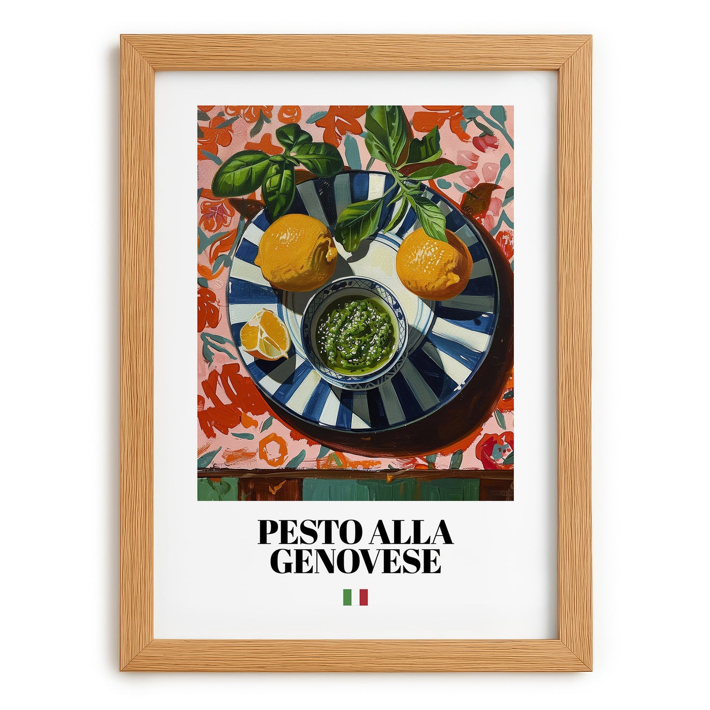 Pesto alla Genovese – Italian Pasta, Ristorante Illustration, set in oak frame