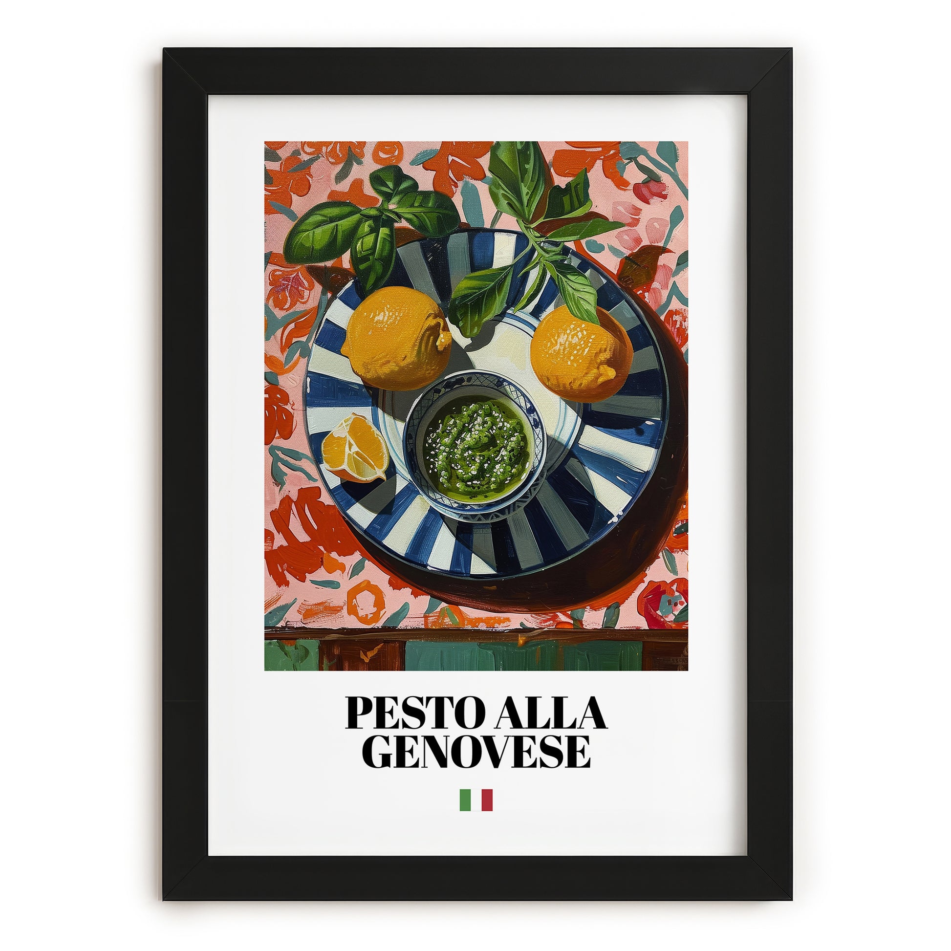 Pesto alla Genovese – Italian Pasta, Ristorante Illustration, in sleek black frame