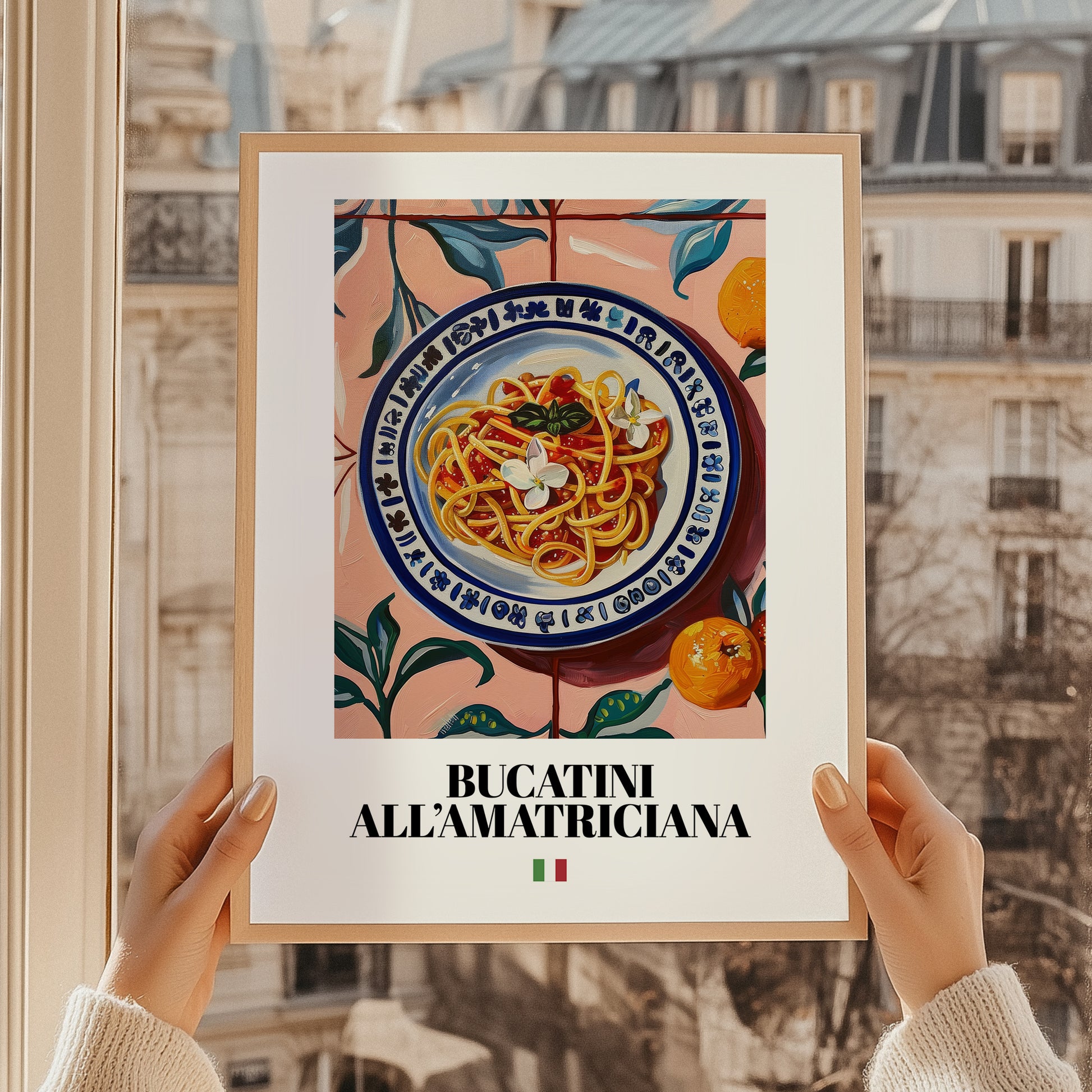Bucatini all'Amatriciana – Italian Pasta, Trattoria Wall Art, styled in a charming Paris street view