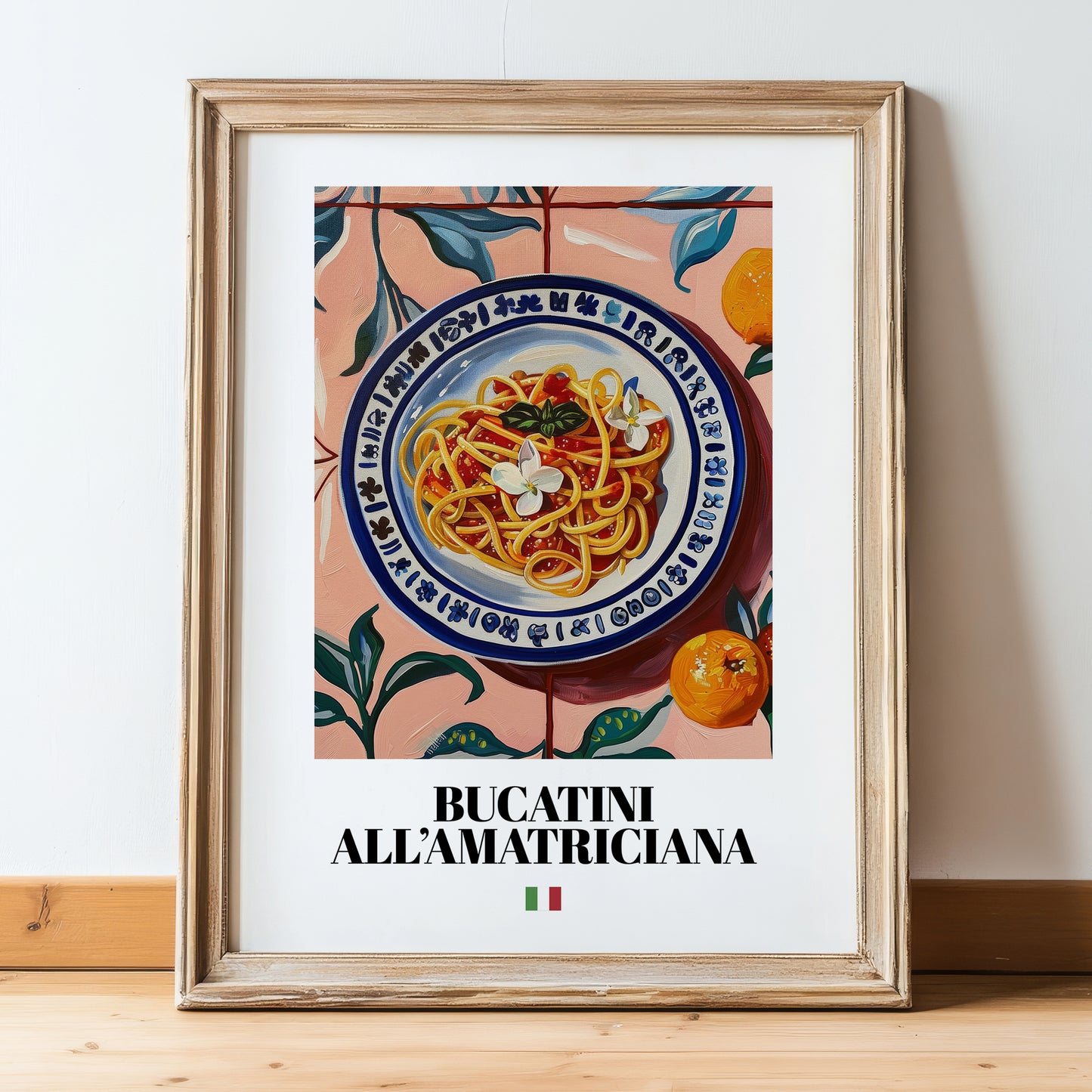 Bucatini all'Amatriciana – Italian Pasta, Trattoria Wall Art, in wooden frame leaning on the floor