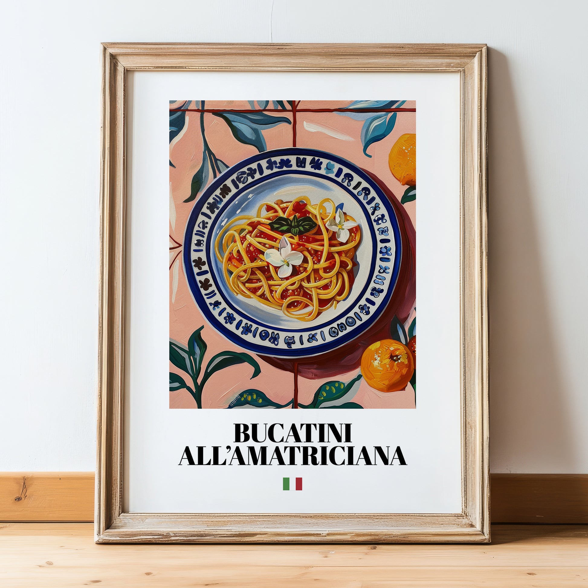 Bucatini all'Amatriciana – Italian Pasta, Trattoria Wall Art, in wooden frame leaning on the floor