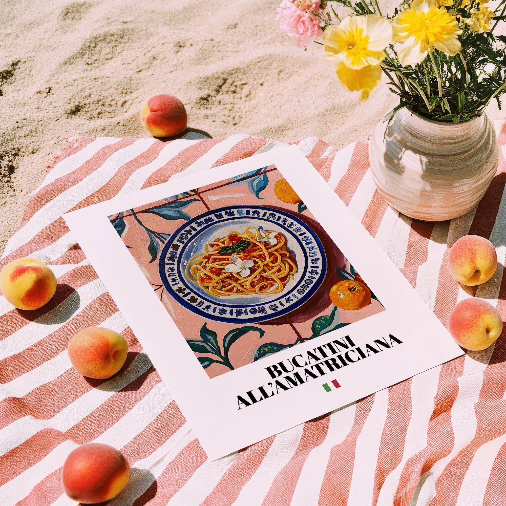 Bucatini all'Amatriciana – Italian Pasta, Trattoria Wall Art, unframed on coastal sand