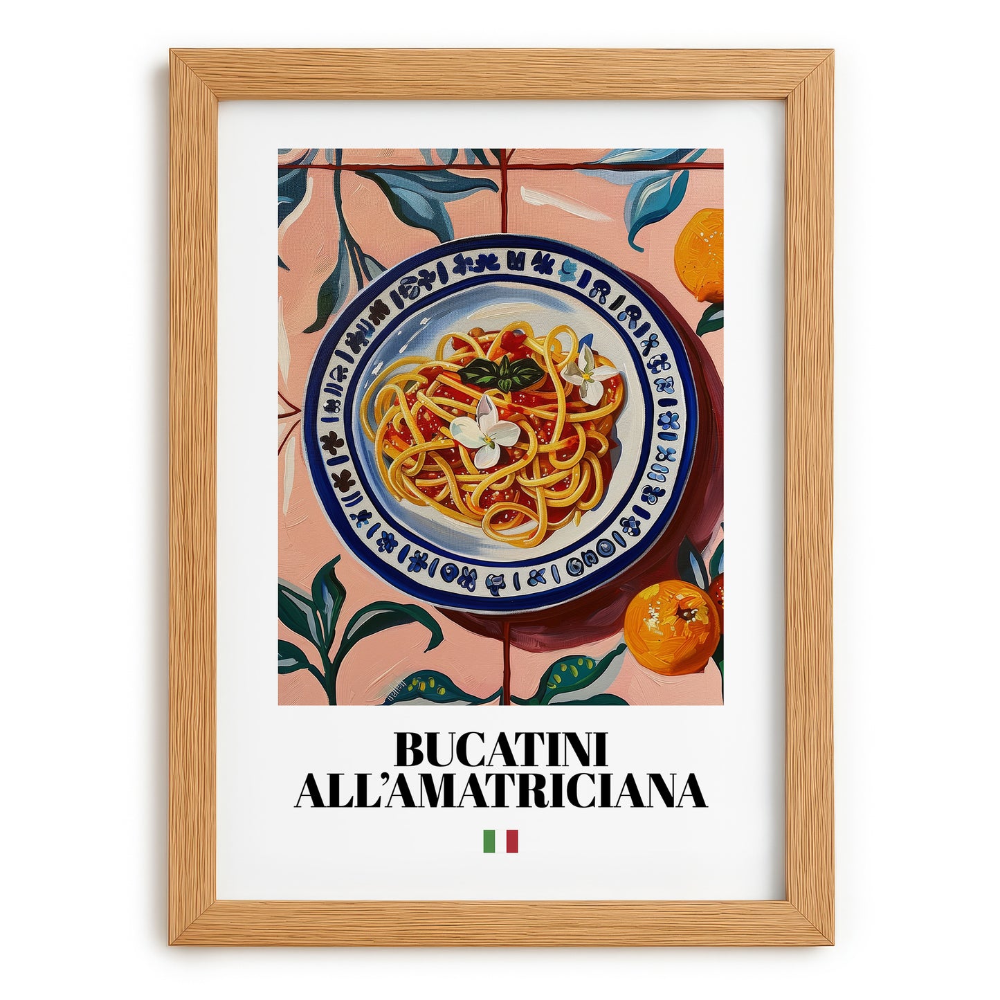 Bucatini all'Amatriciana – Italian Pasta, Trattoria Wall Art, set in oak frame