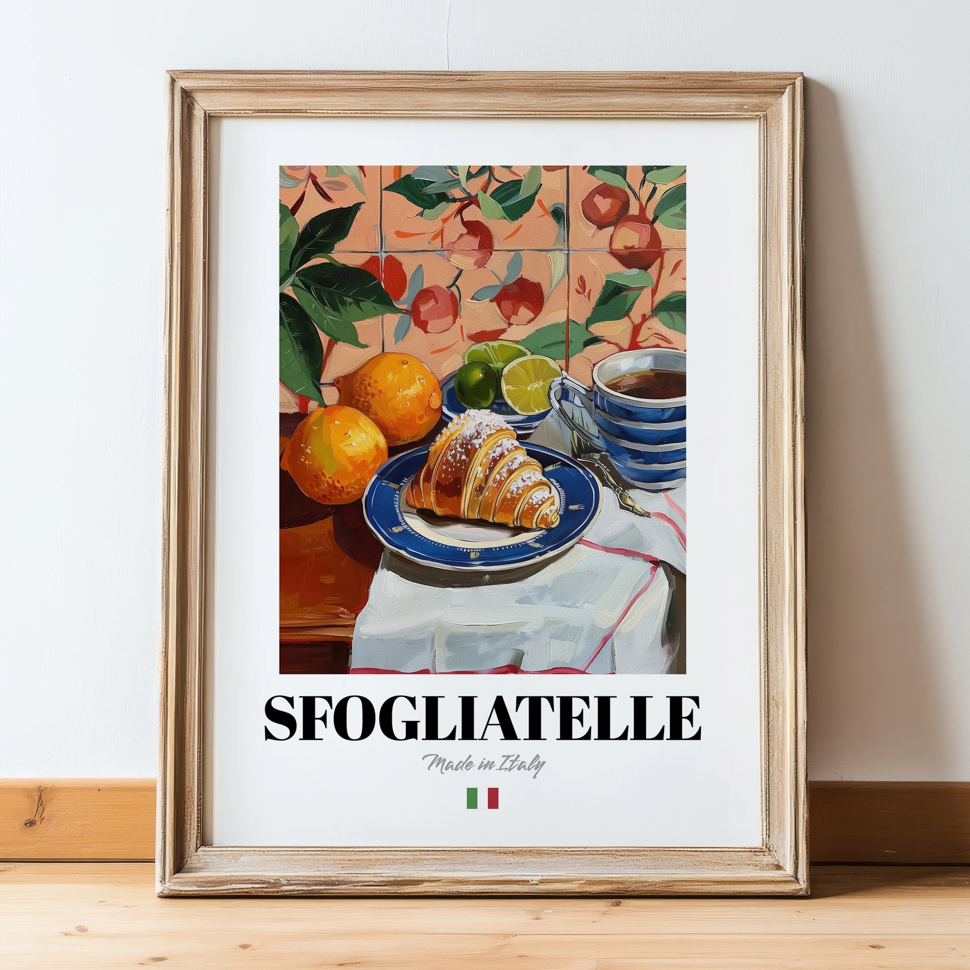 Sfogliatelle – Italian Pastry Dish, Café Wall Art, in wooden frame leaning on the floor