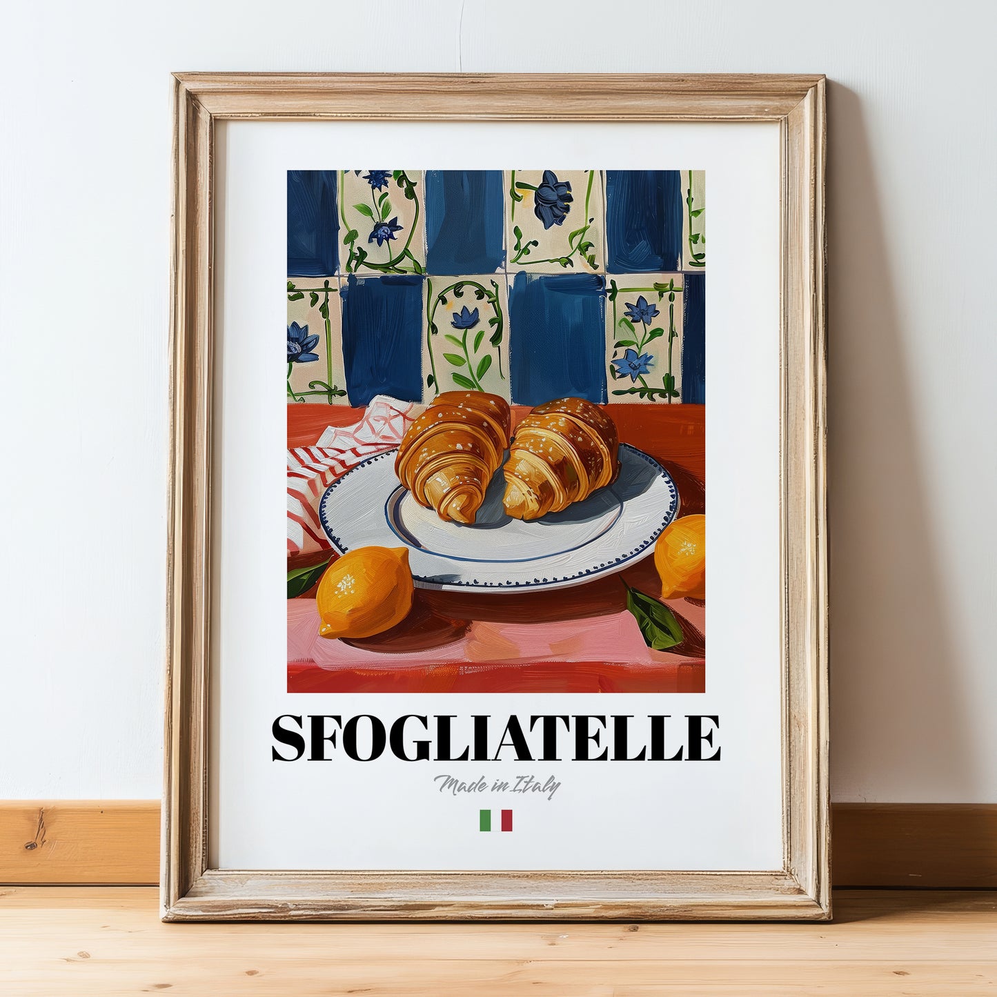 Sfogliatelle – Italian Pastry Dish, Brasserie Illustration, in wooden frame leaning on the floor