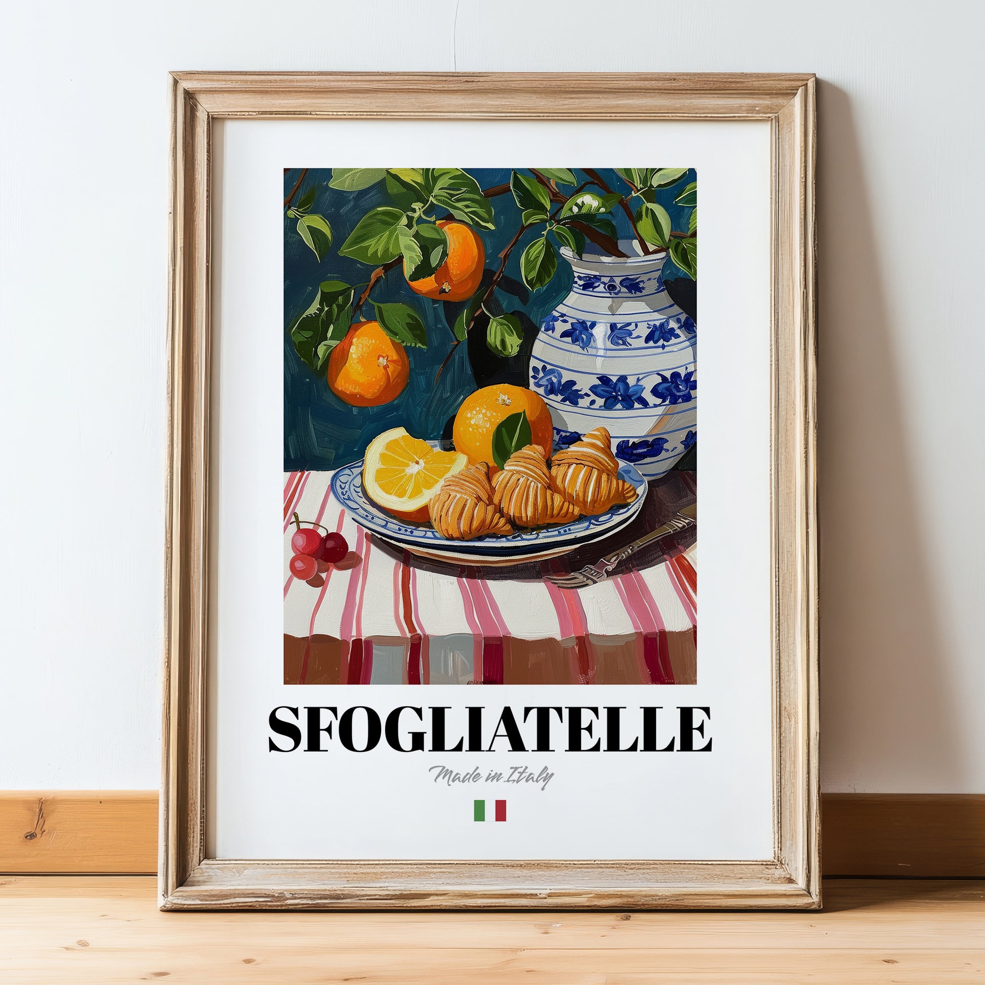 Sfogliatelle – Italian Pastry Dish, Café Poster, in wooden frame leaning on the floor