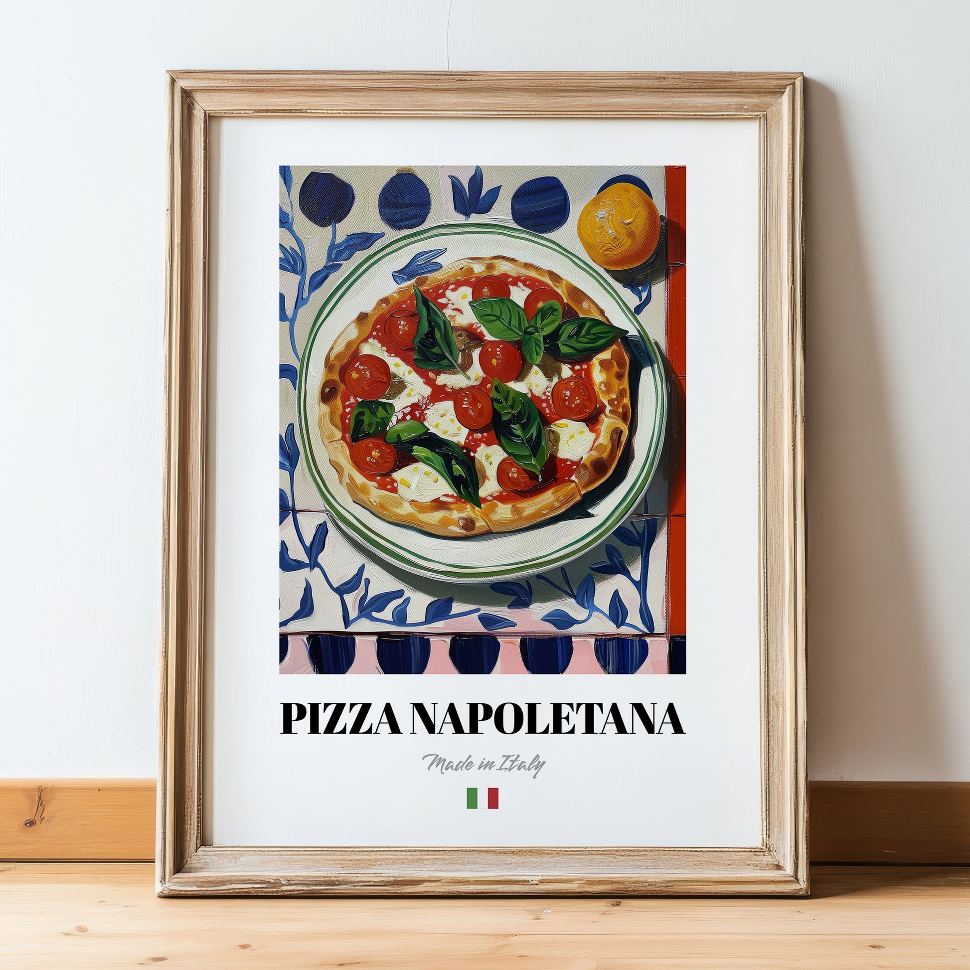 Pizza Napoletana – Italian Pizza, Trattoria Poster, in wooden frame leaning on the floor