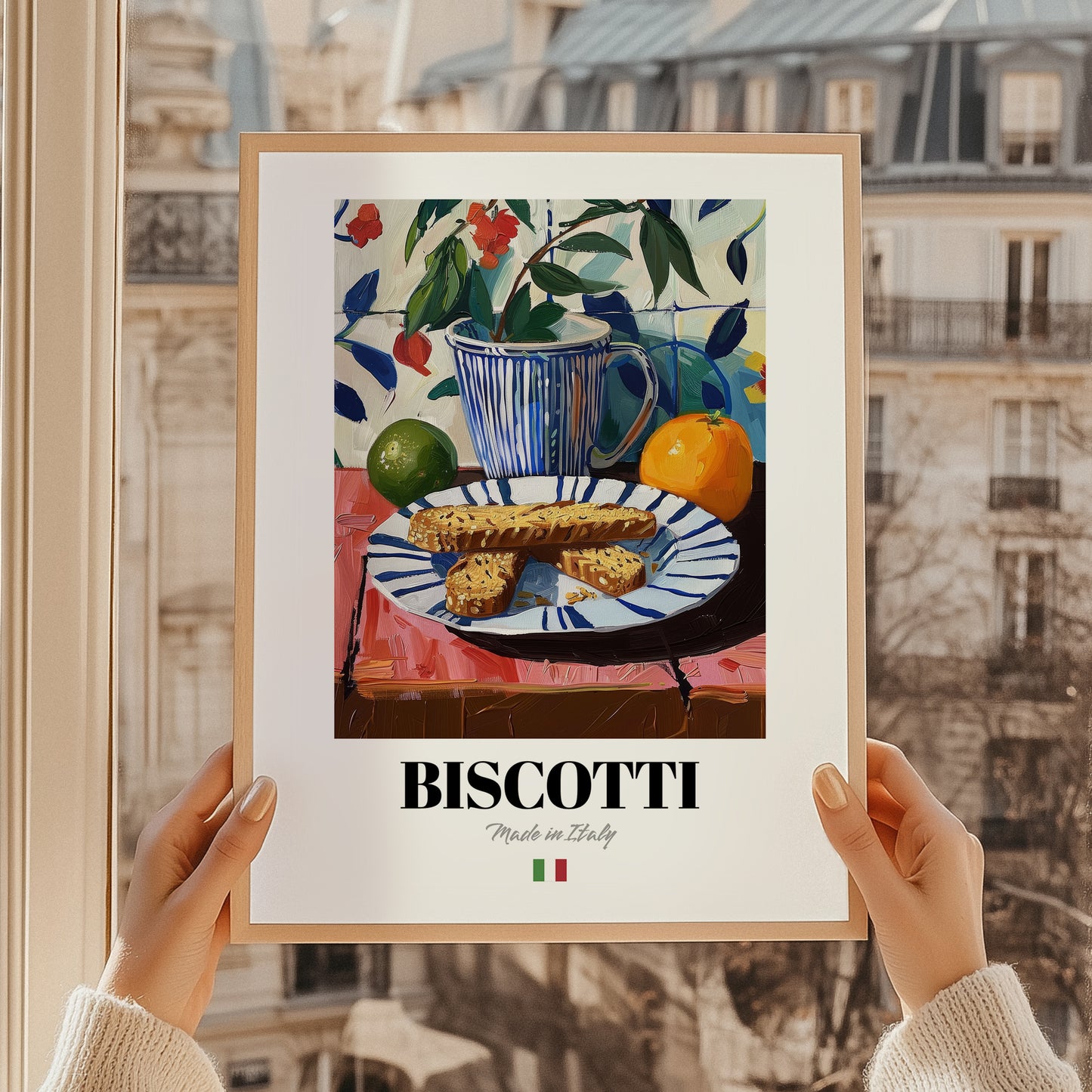 Biscotti – Italian Biscuits Dish, Fine Dining Restaurant Poster, styled in a charming Paris street view
