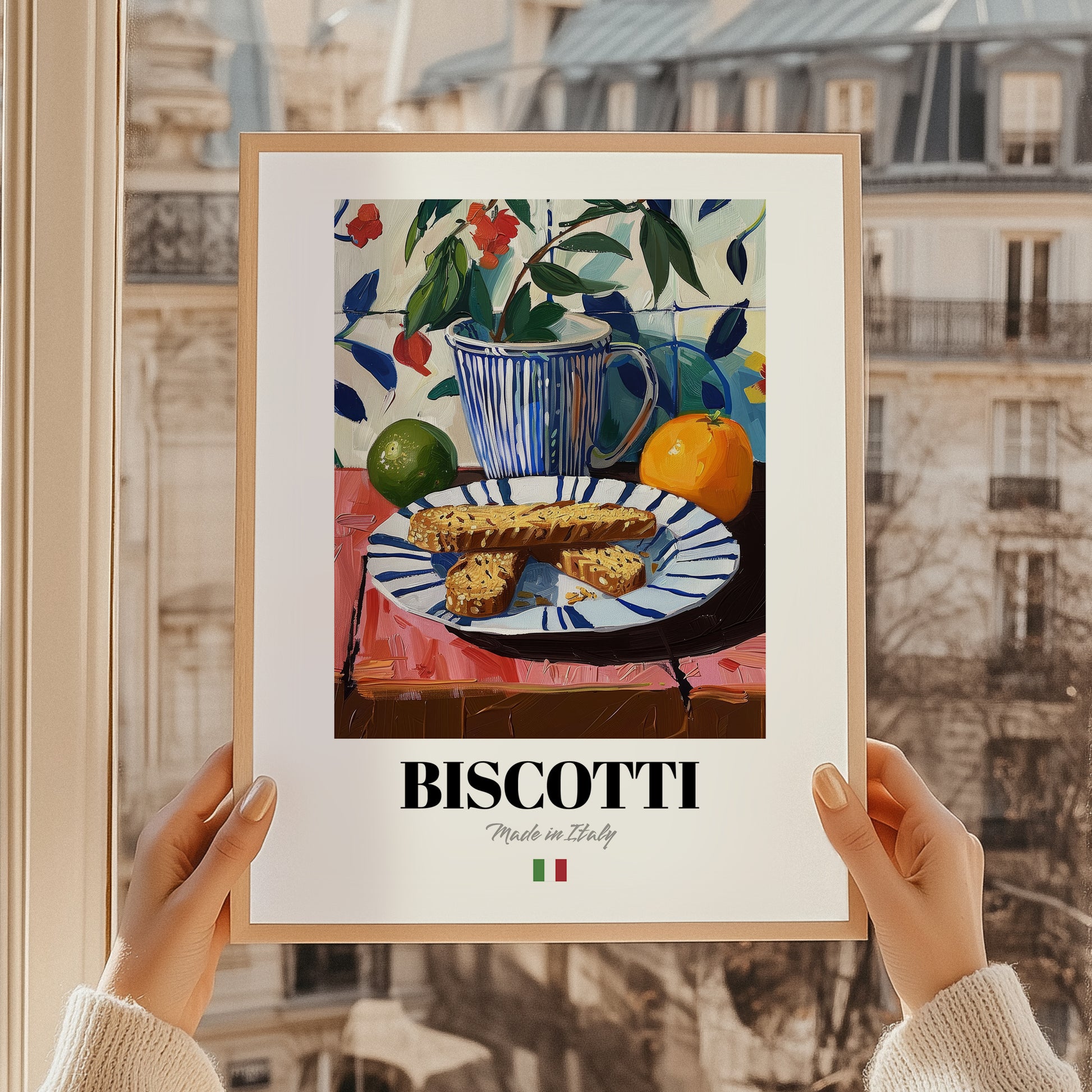 Biscotti – Italian Biscuits Dish, Fine Dining Restaurant Poster, styled in a charming Paris street view