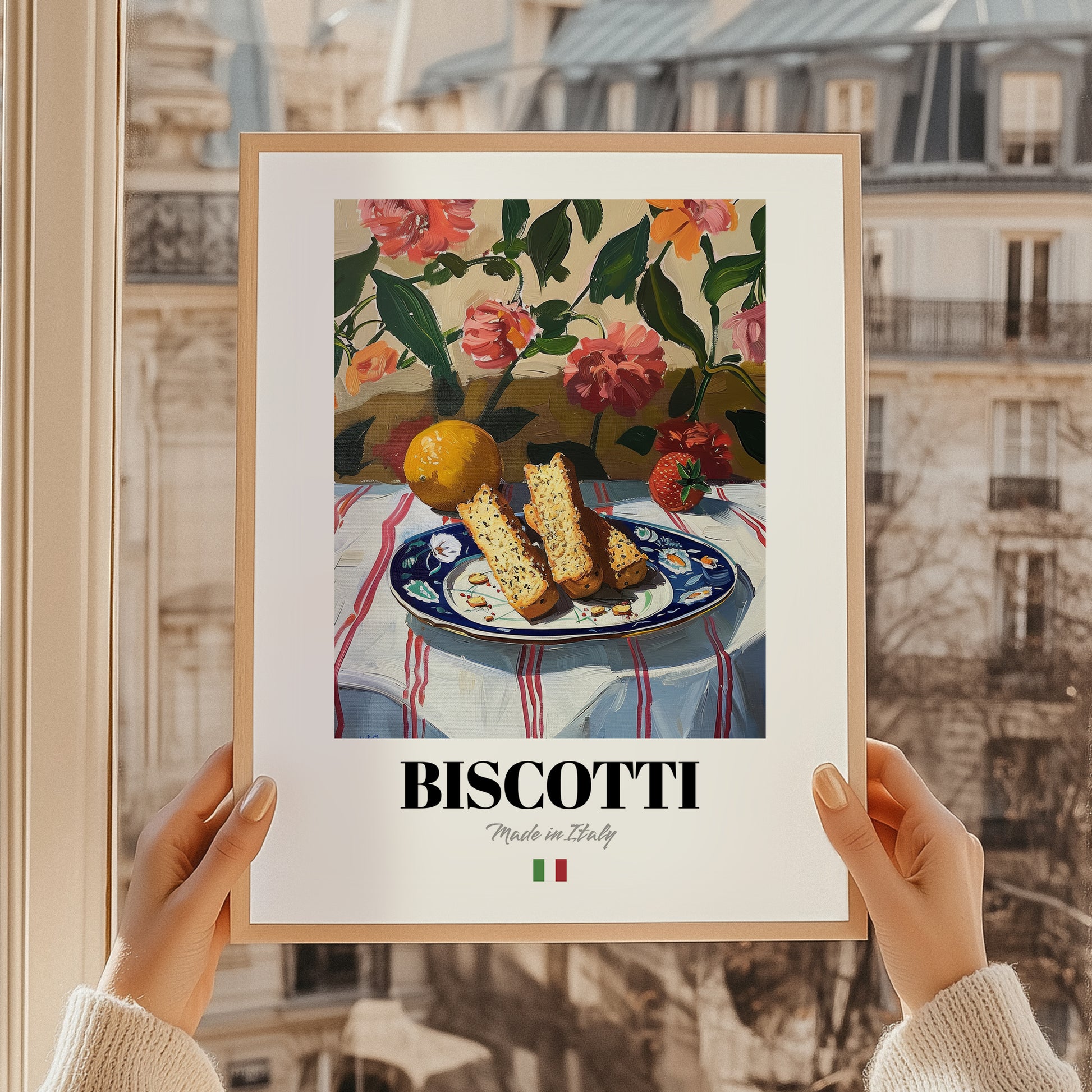 Biscotti – Italian Biscuits Dish, Bistro Poster, styled in a charming Paris street view