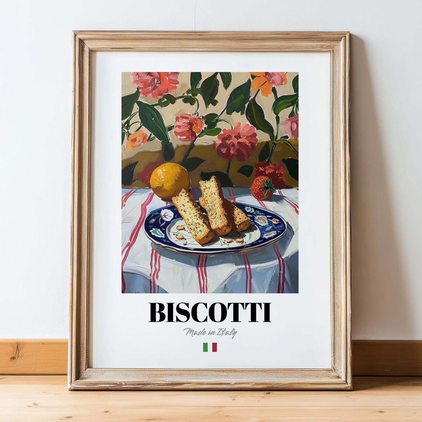 Biscotti – Italian Biscuits Dish, Bistro Poster, in wooden frame leaning on the floor
