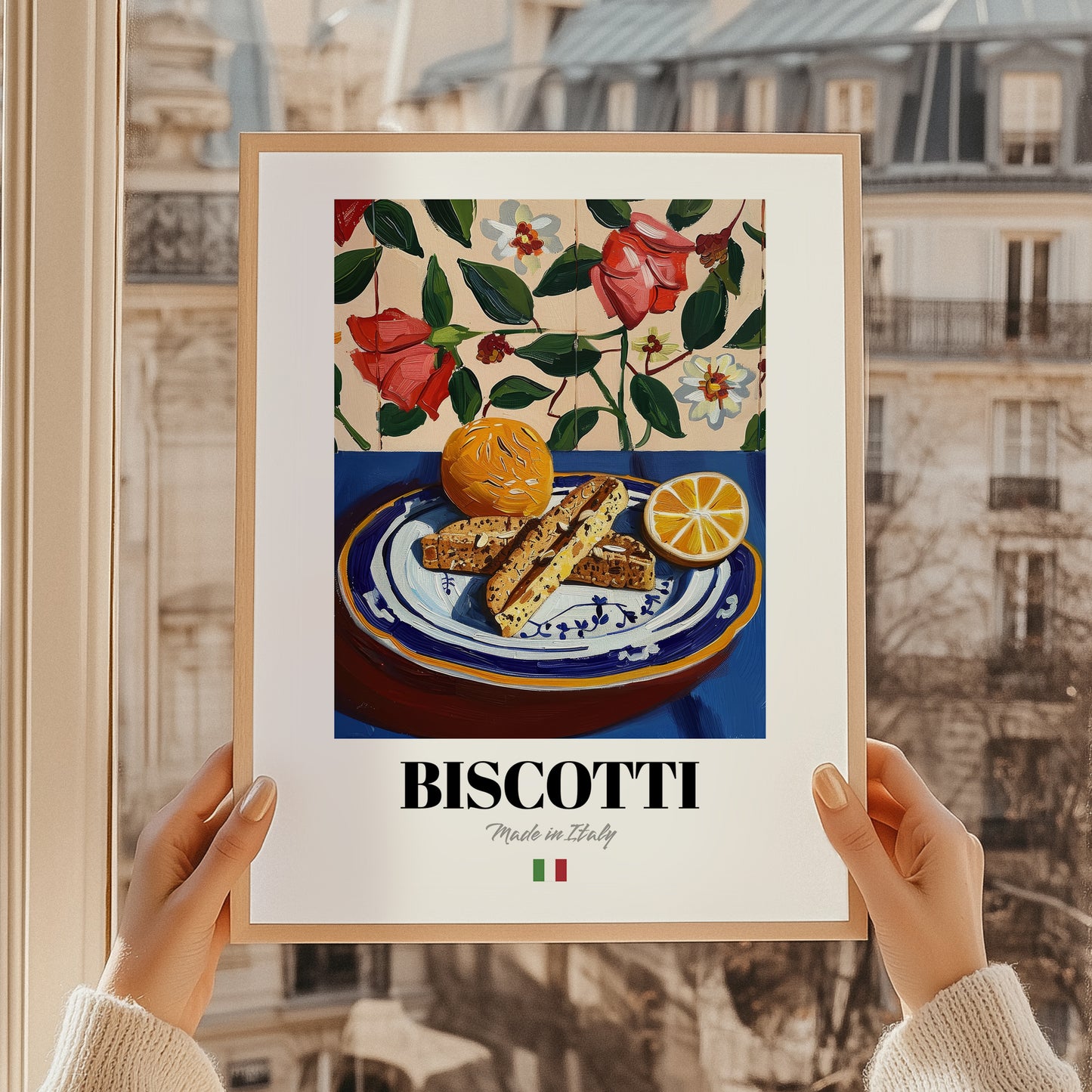 Biscotti – Italian Biscuits Dish, Bistro Print, styled in a charming Paris street view