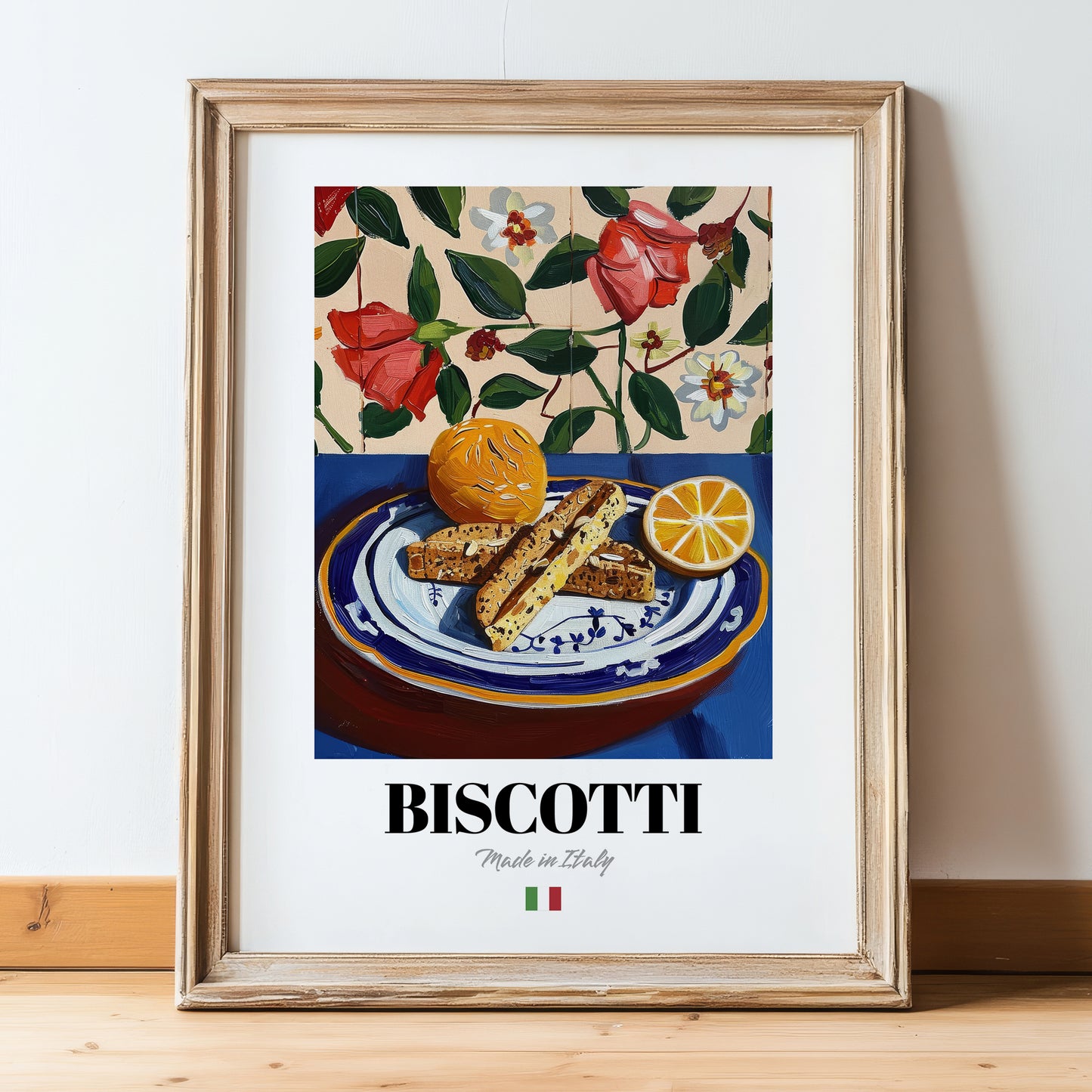 Biscotti – Italian Biscuits Dish, Bistro Print, in wooden frame leaning on the floor