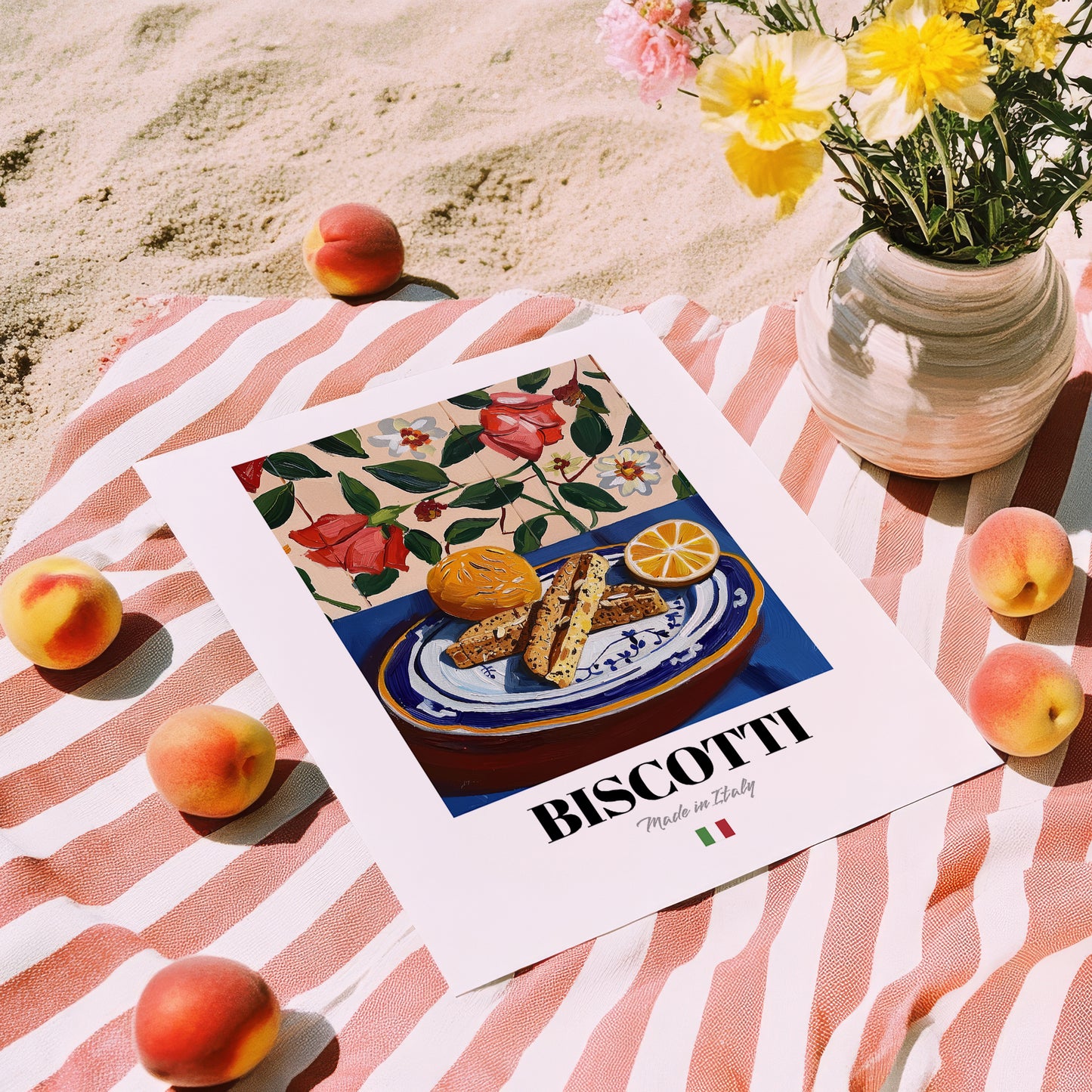 Biscotti – Italian Biscuits Dish, Bistro Print, unframed on coastal sand