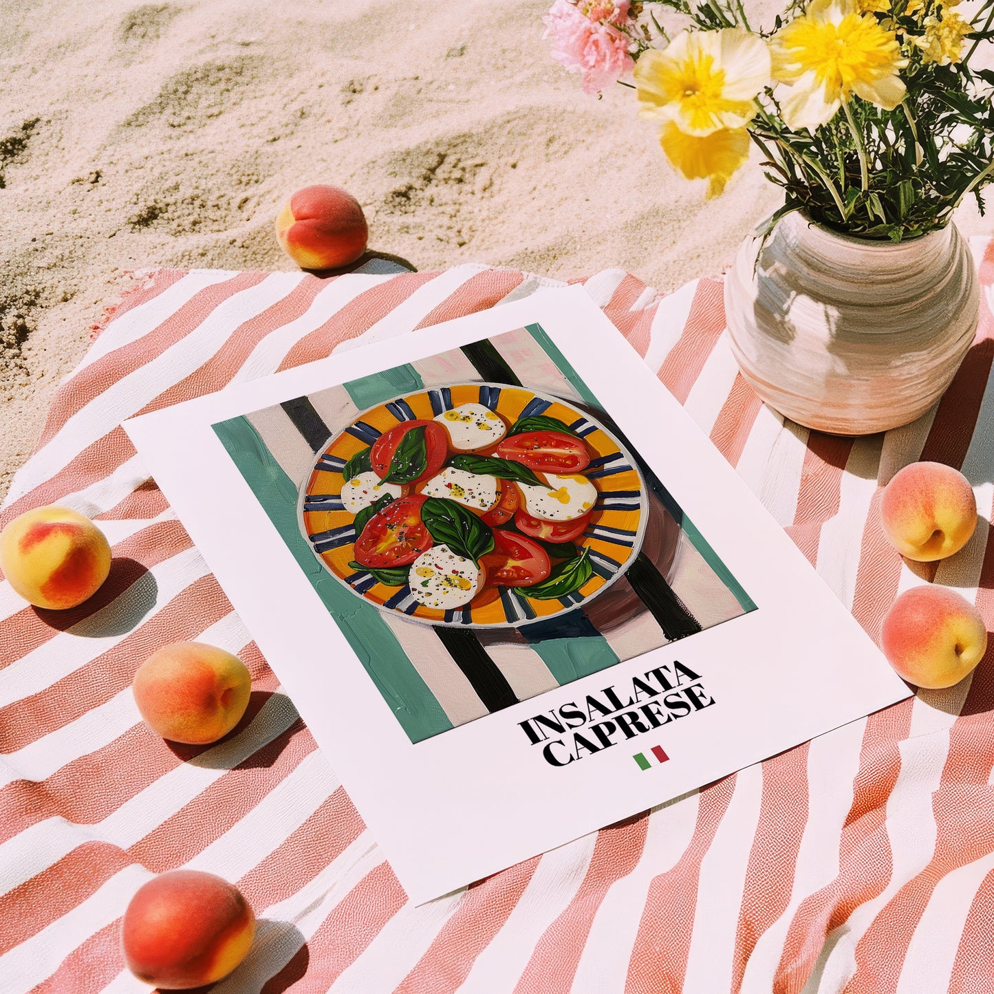 Insalata Caprese – Italian Salad Dish, Bistro Still Life, unframed on coastal sand