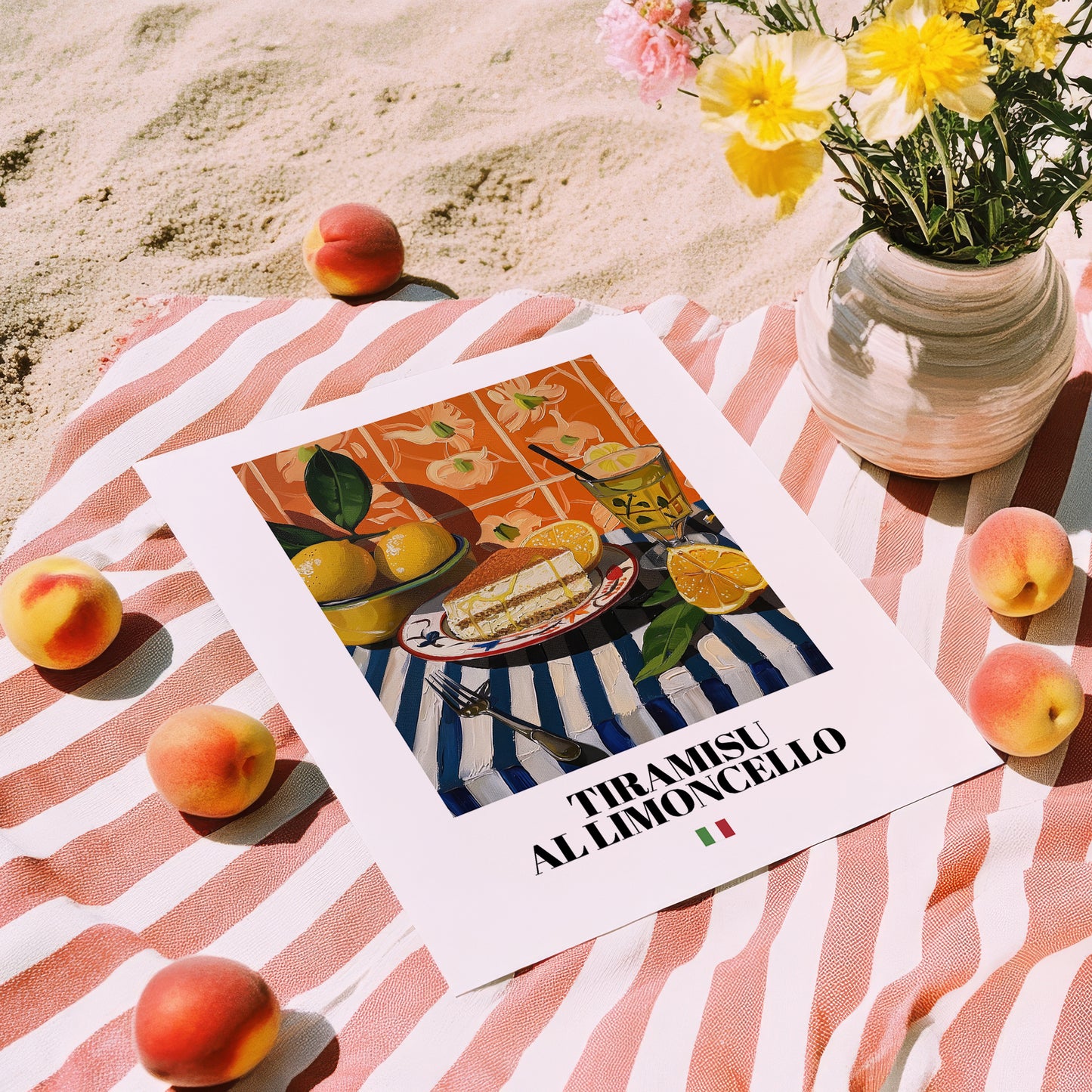 Tiramisu al Limoncello – Italian Dessert Dish, Restaurant Painting, unframed on coastal sand