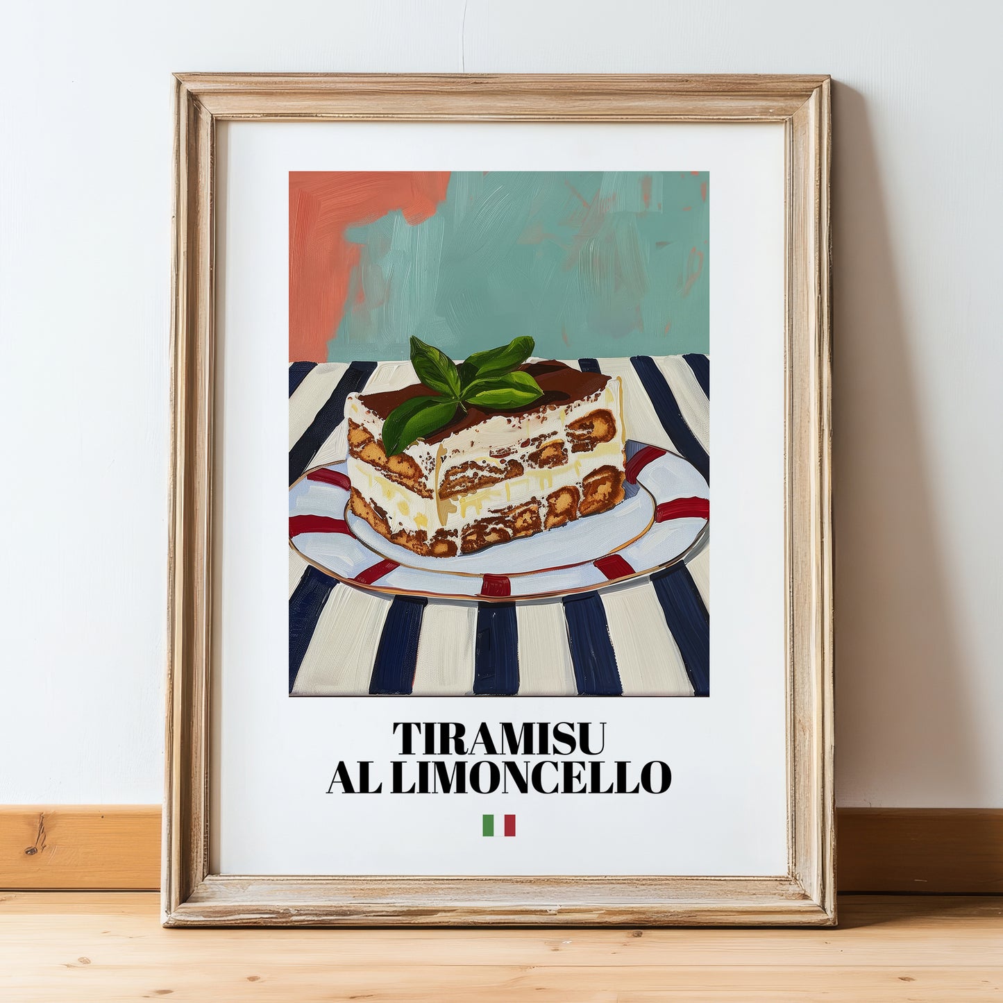Tiramisu al Limoncello – Italian Dessert Dish, Bistro Wall Art, in wooden frame leaning on the floor