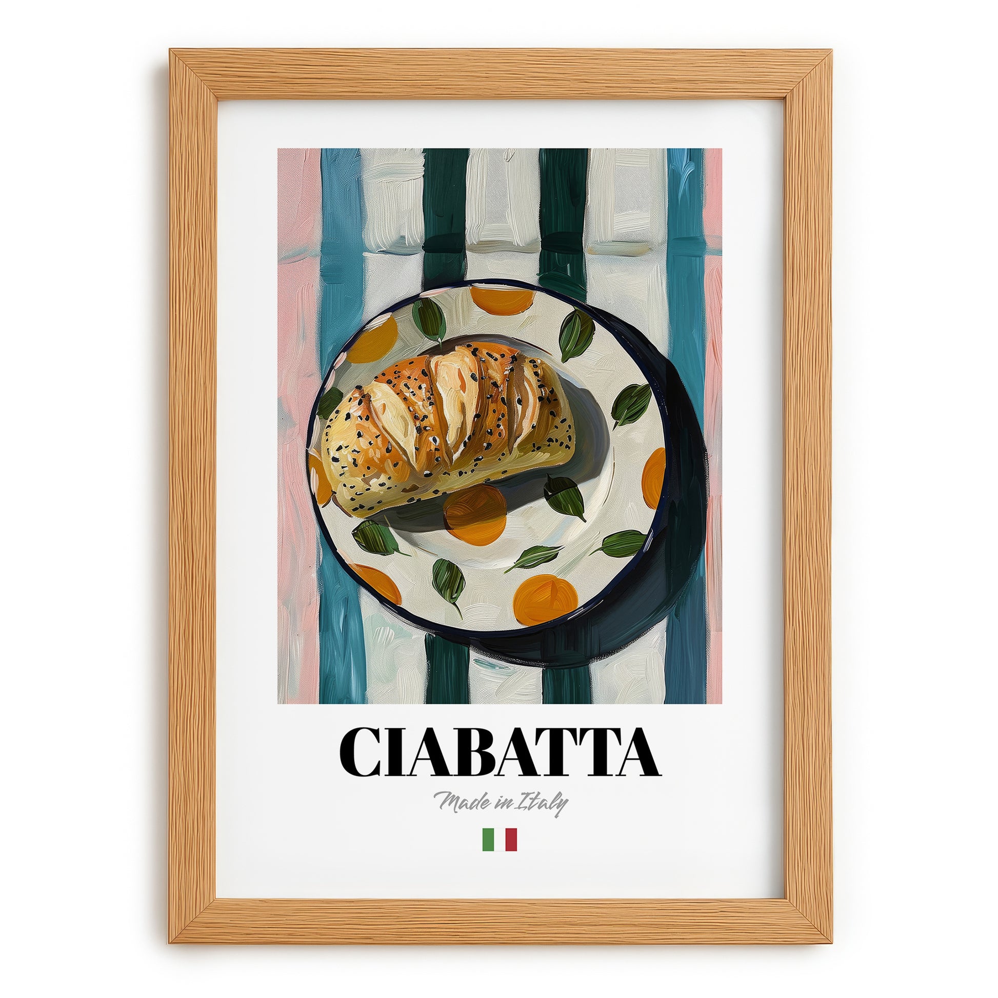 Ciabatta – Italian Bread Dish, Fine Dining Restaurant Illustration, set in oak frame