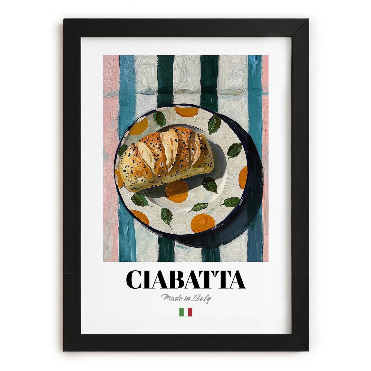 Ciabatta – Italian Bread Dish, Fine Dining Restaurant Illustration, in sleek black frame