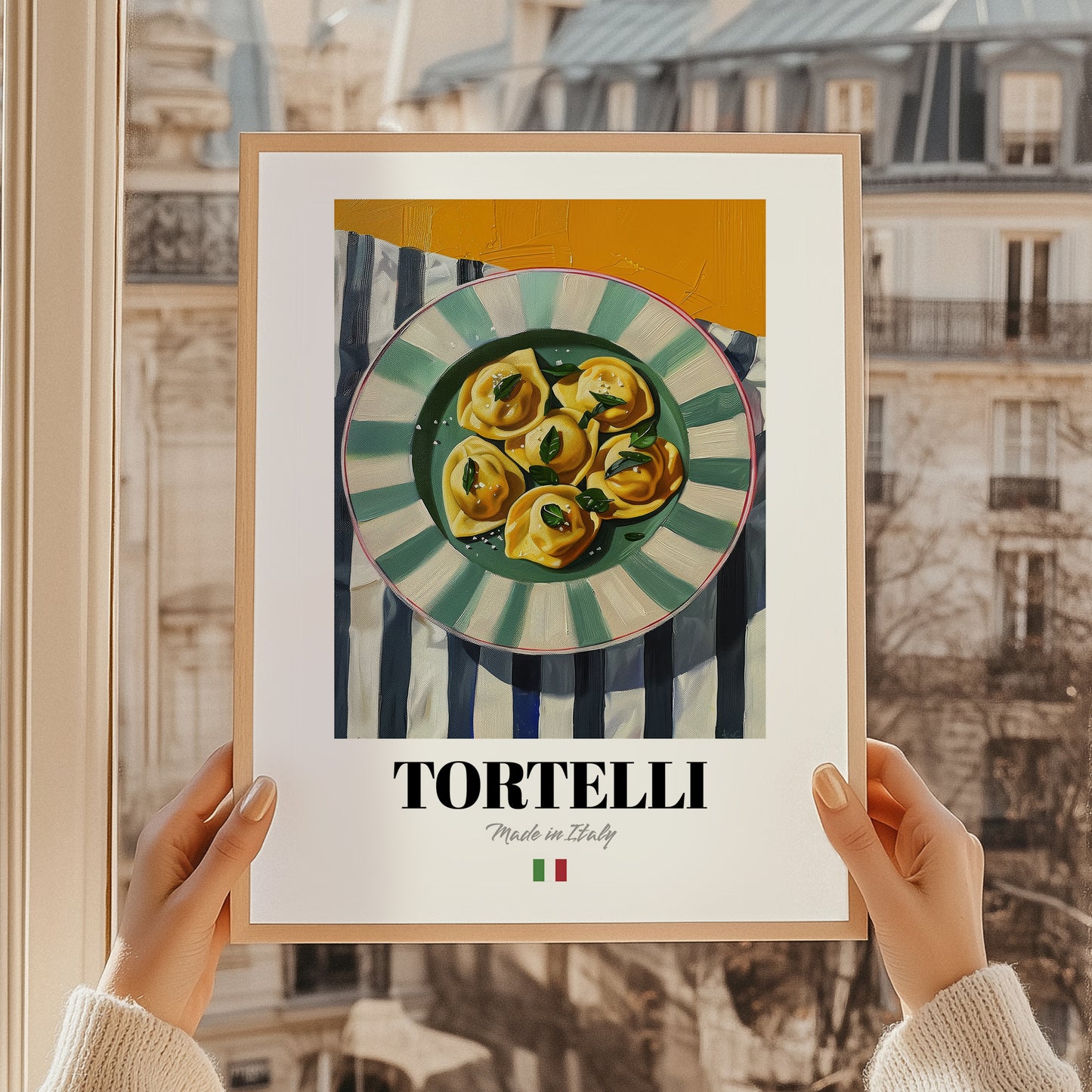Tortelli – Italian Pasta, Trattoria Poster, styled in a charming Paris street view
