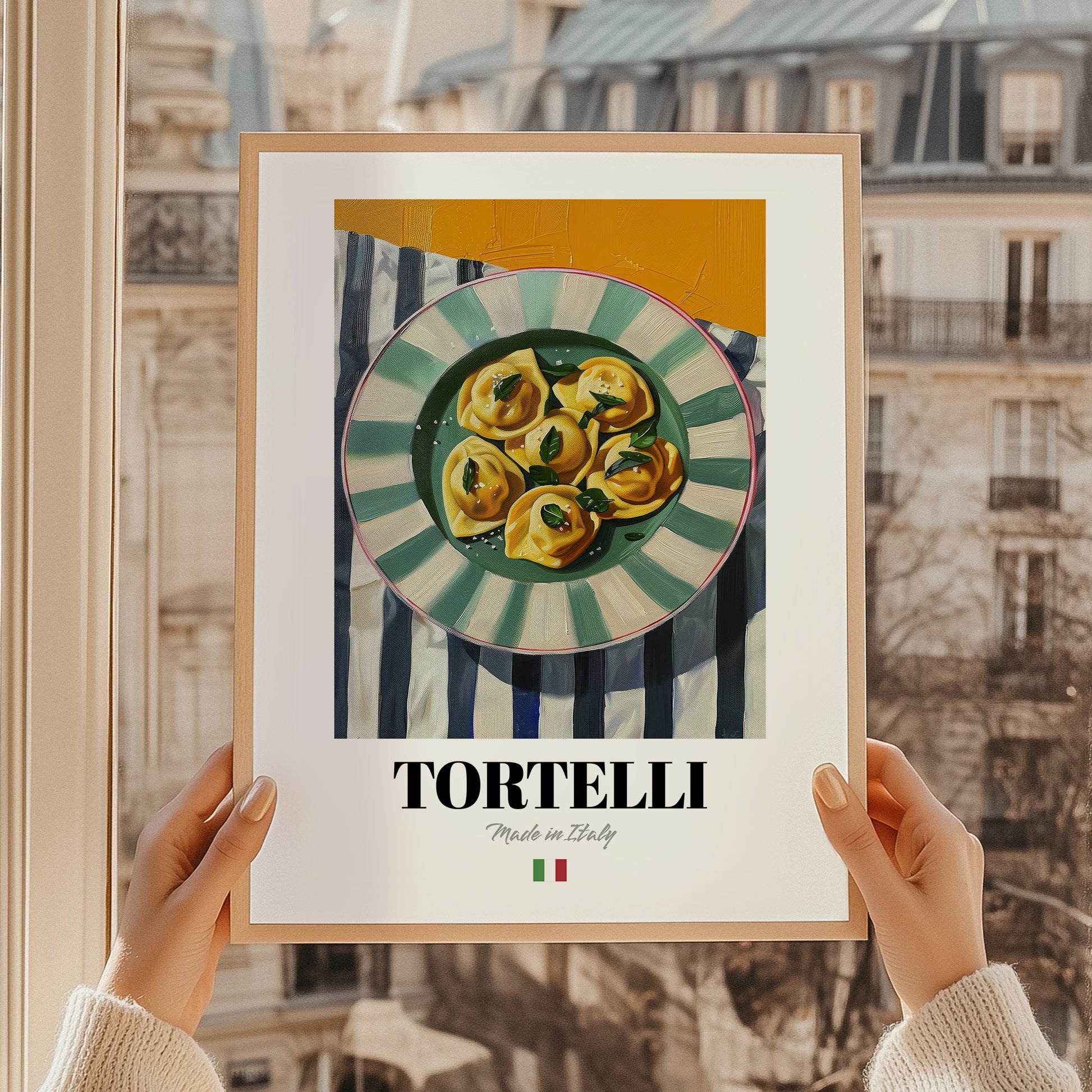 Tortelli – Italian Pasta, Trattoria Poster, styled in a charming Paris street view