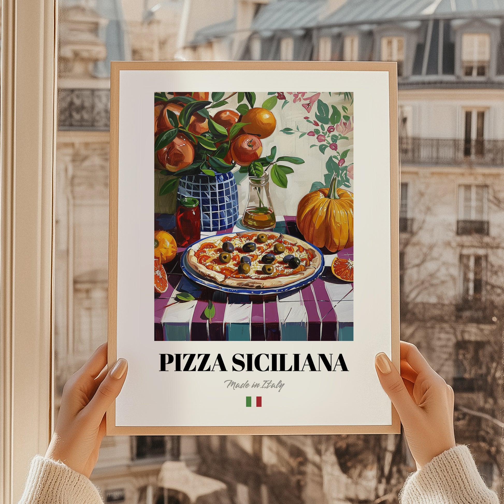 Pizza Siciliana – Italian Pizza, Ristorante Print, styled in a charming Paris street view