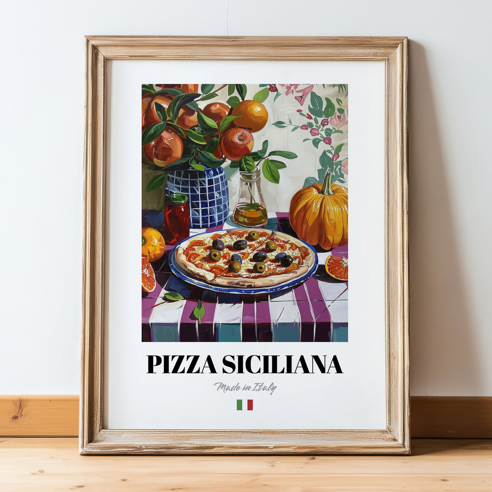 Pizza Siciliana – Italian Pizza, Ristorante Print, in wooden frame leaning on the floor